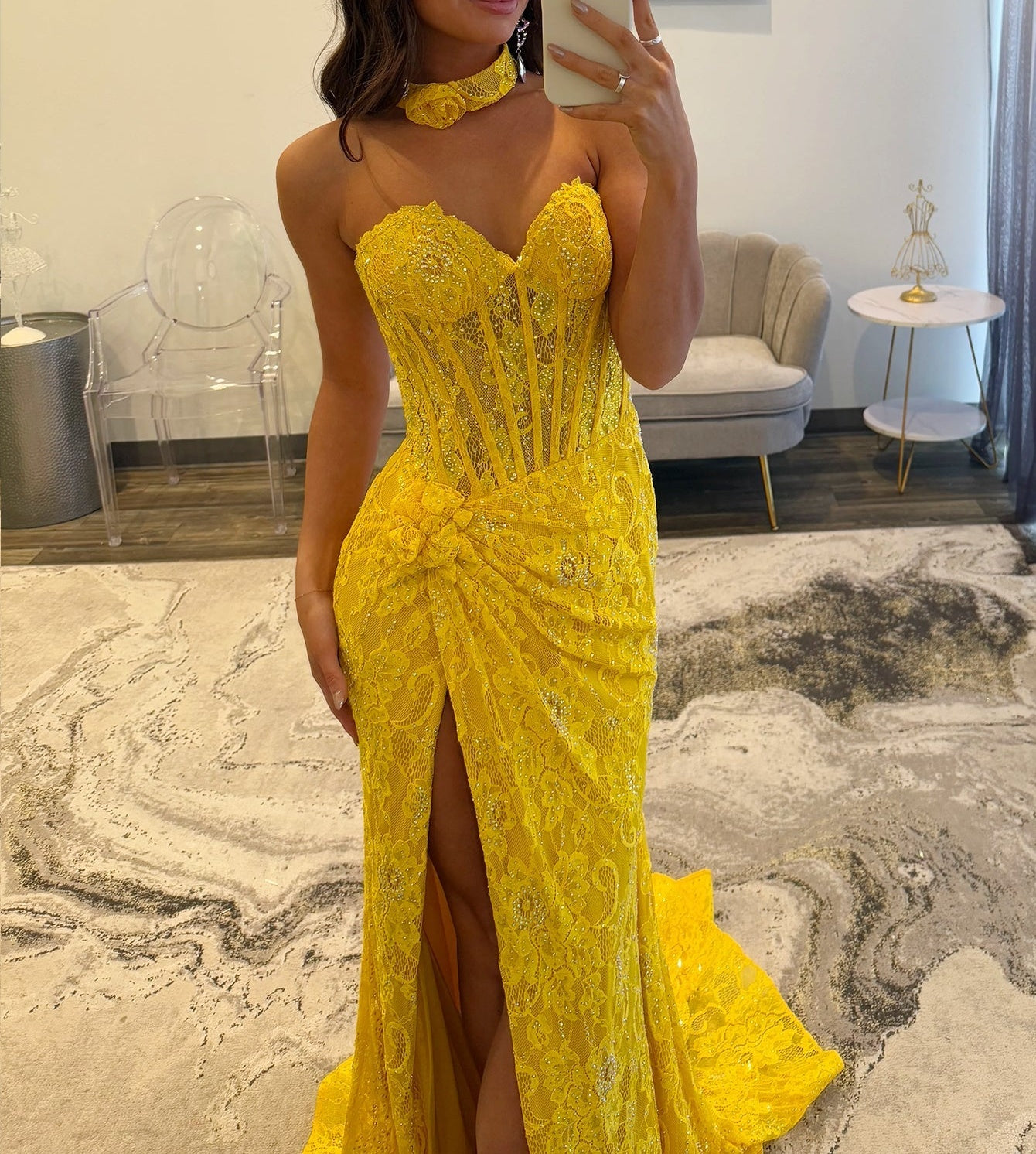 Hand Made Flower Lace Mermaid Prom Dress - Yellow