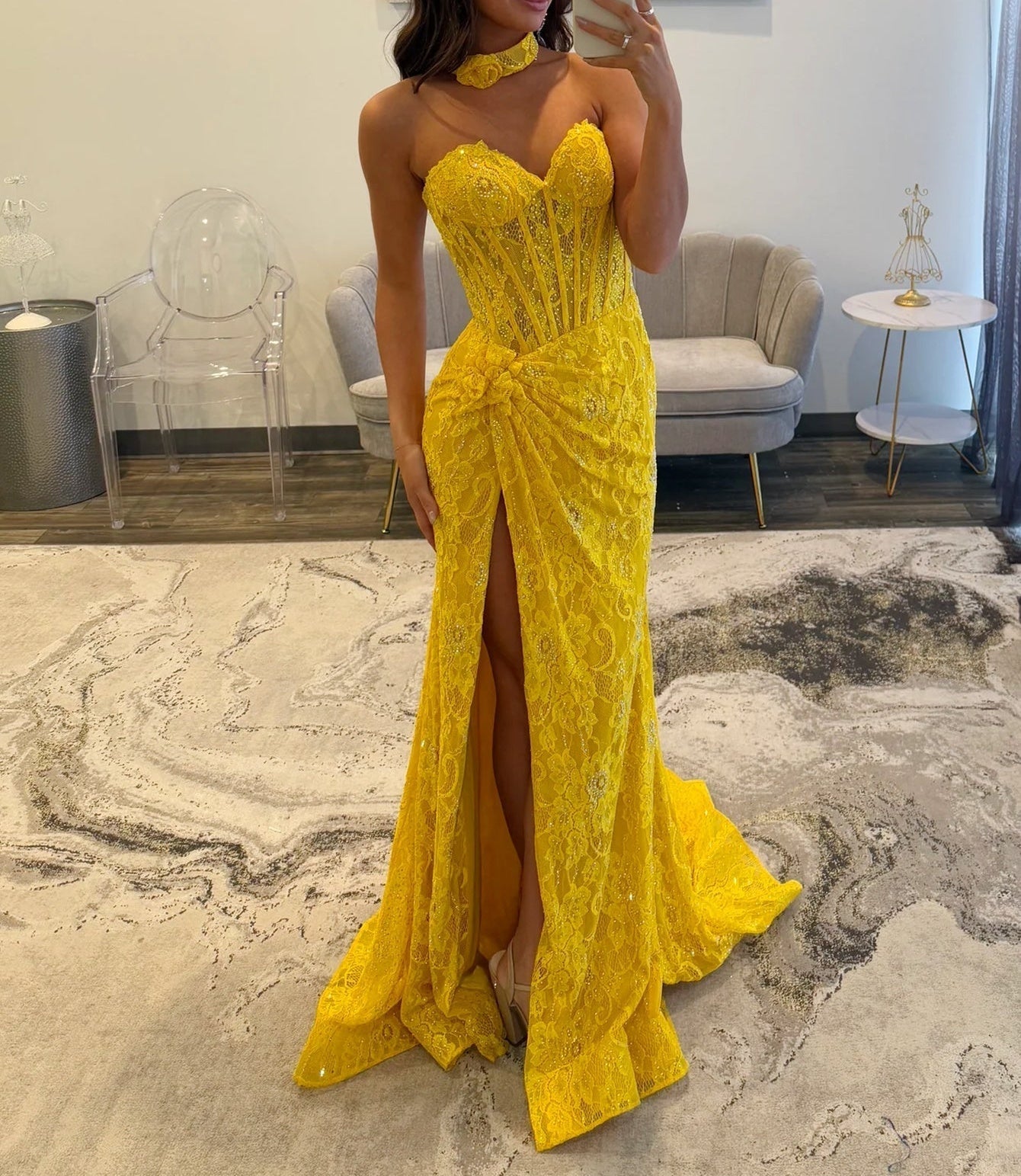 Hand Made Flower Lace Mermaid Prom Dress - Yellow