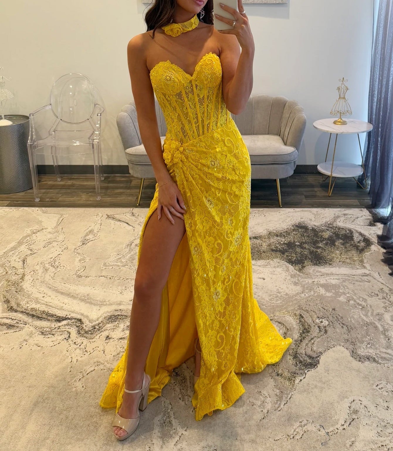 Hand Made Flower Lace Mermaid Prom Dress - Yellow