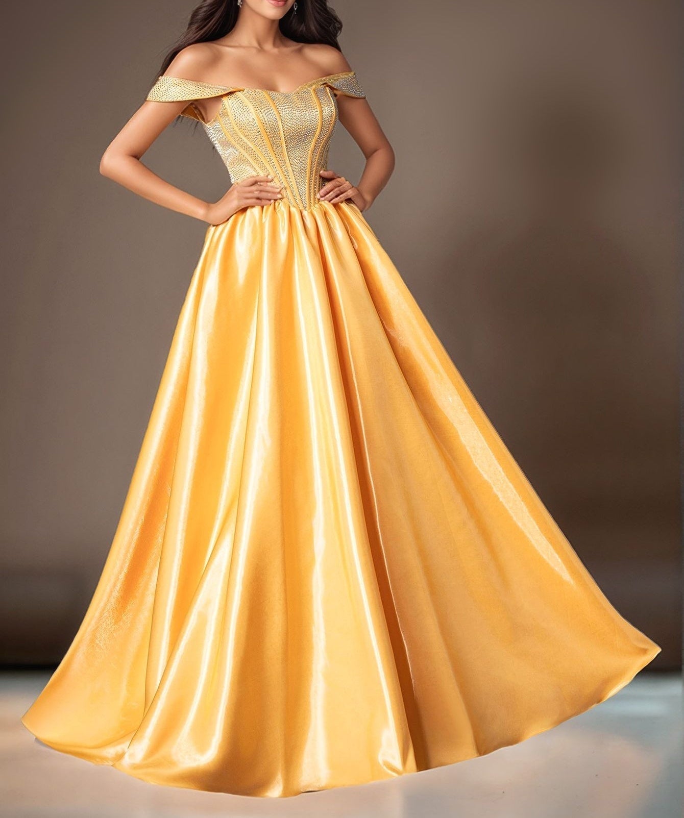 Off Shoulder Crystal Boned Ball Gown Prom Dress - Yellow