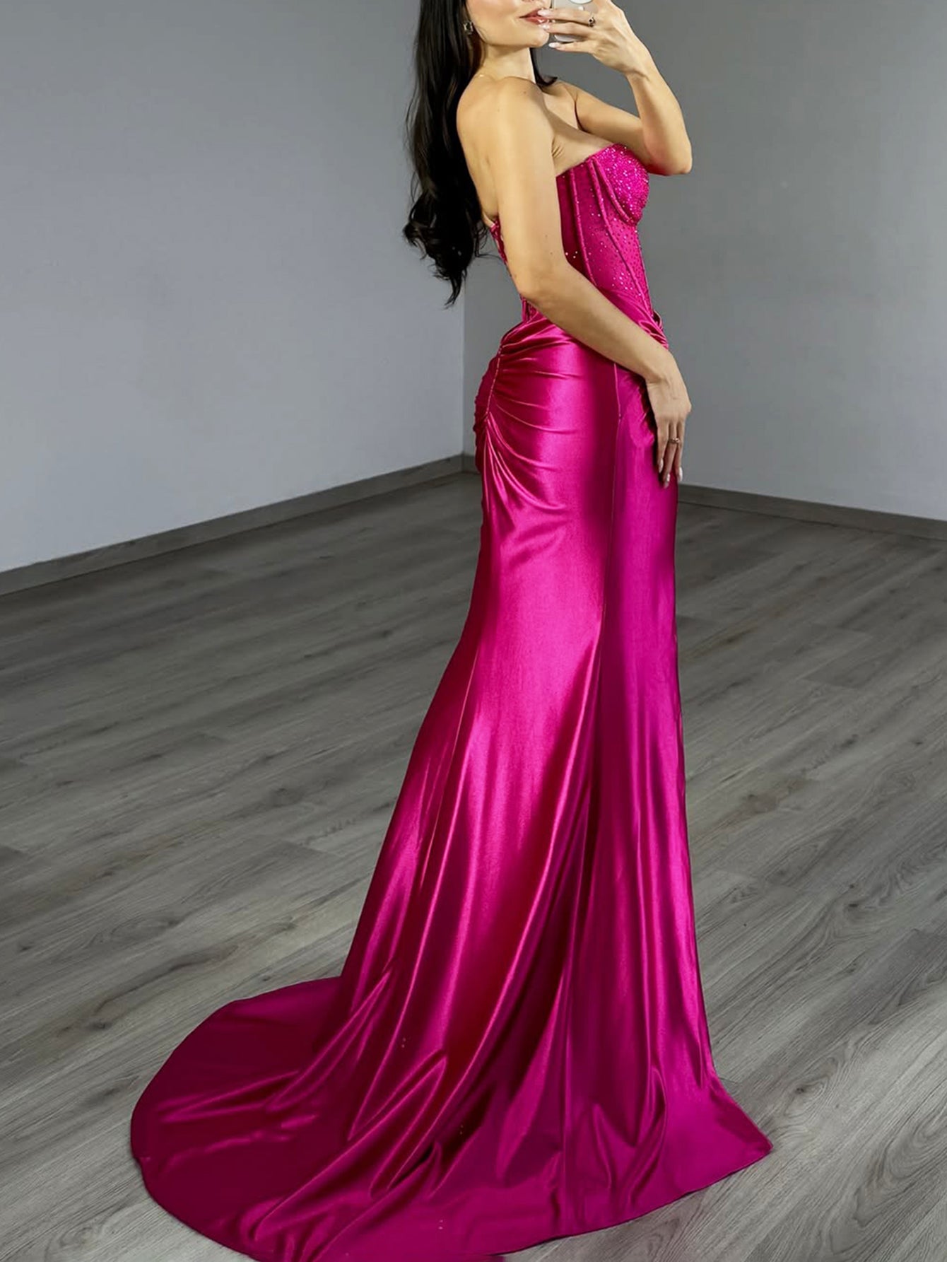 Hot Fix Sheer Bodice Boned Strapless Mermaid Prom Dress Long - Hot Pink