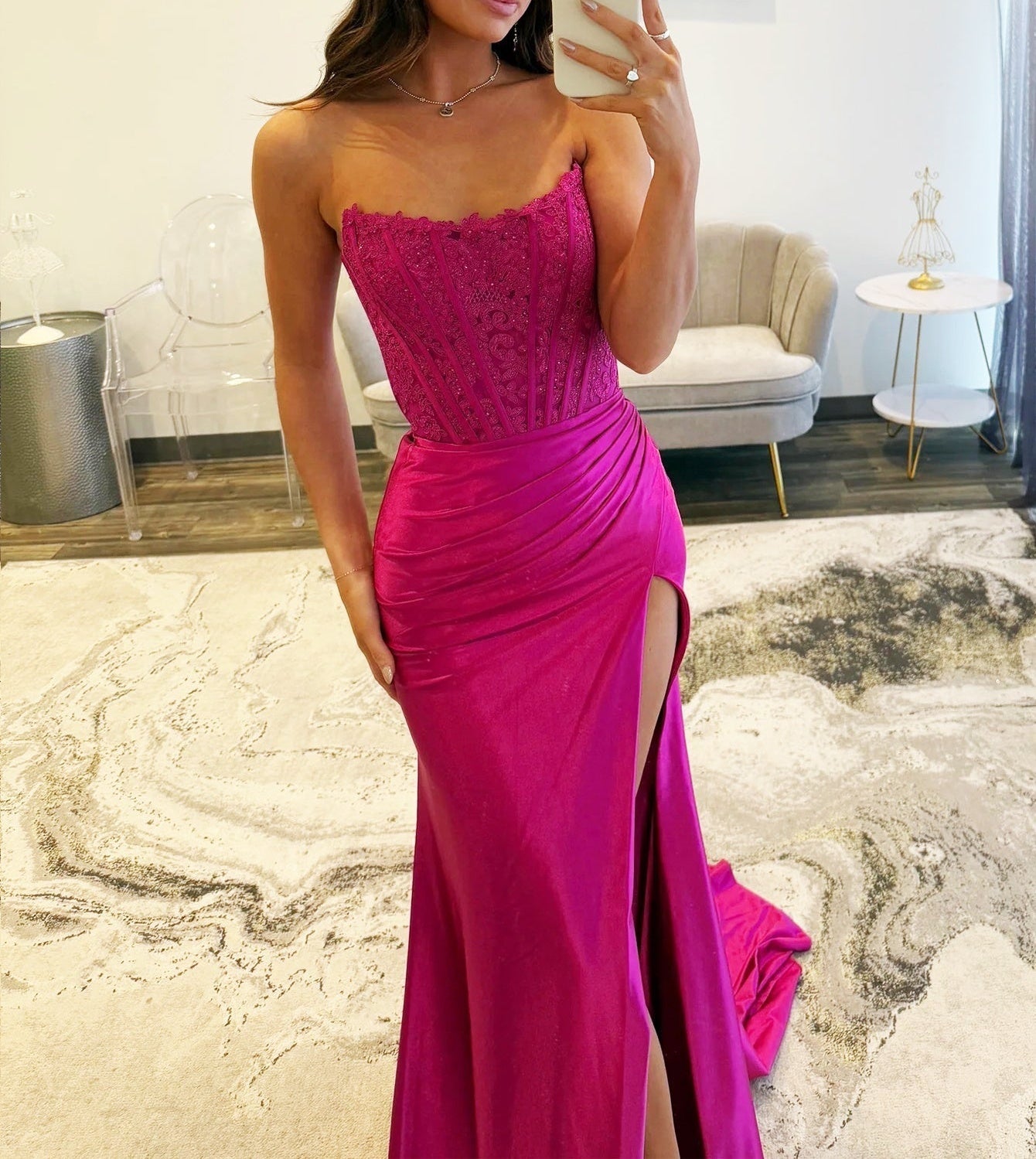 Boned Lace Embroidery Mermaid Prom Dress With Slit - Fuchsia