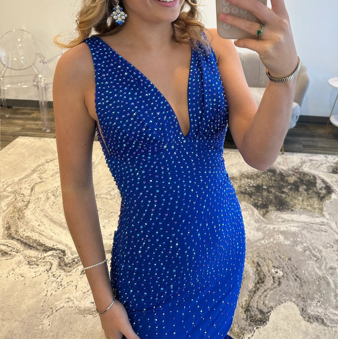 Deep V-Neck Crystal Hot Fix Mermaid Prom Dress - Royal Blue