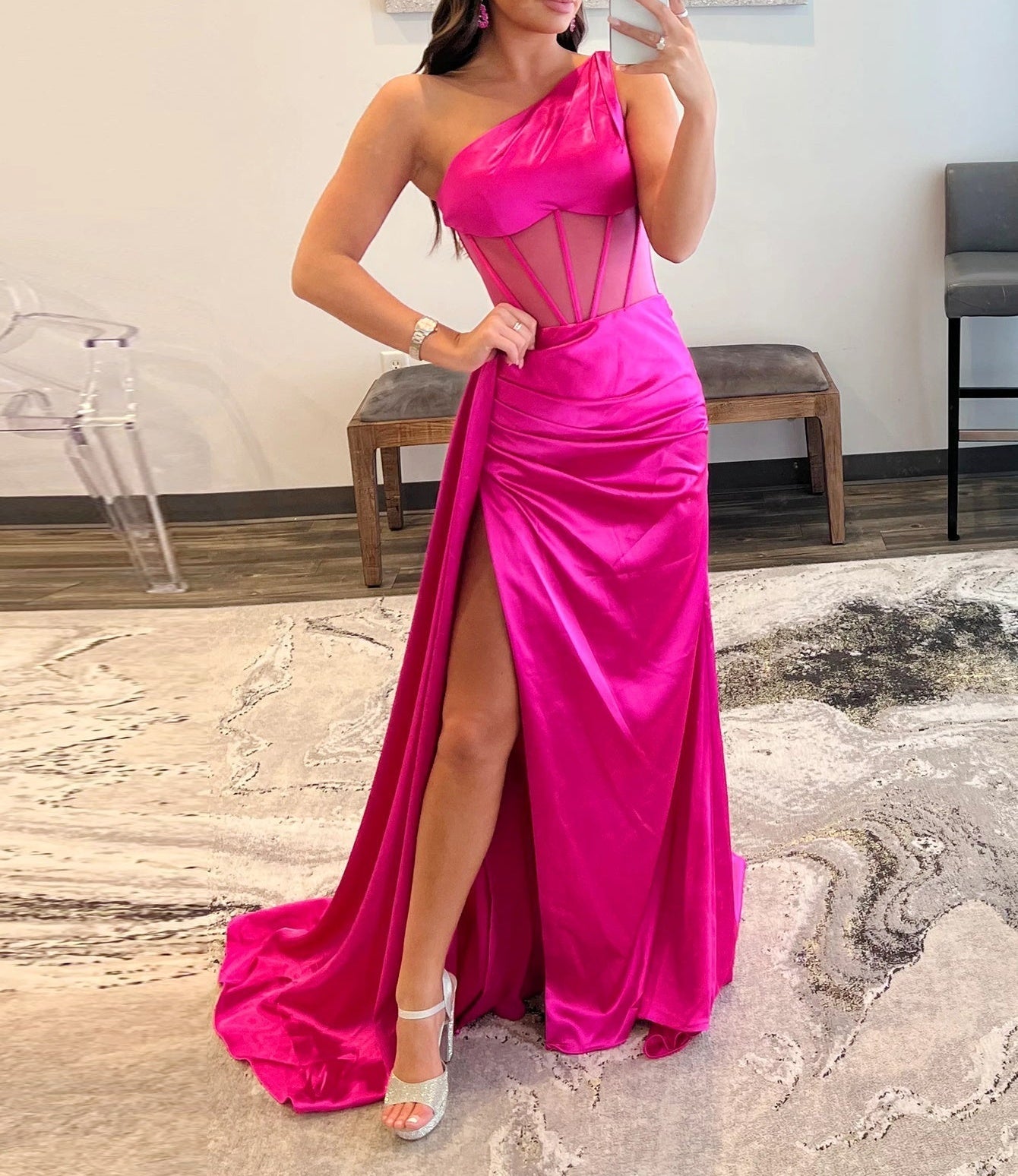 One Shoulder Boned Prom Dress With Waist Drop - Hot Pink