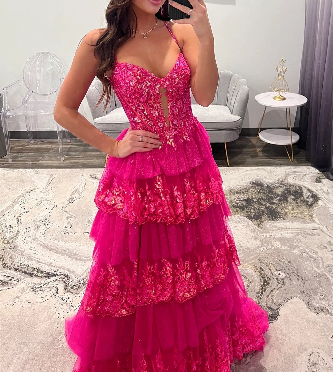 Sparkly Lace Embroidery Cut Front Ball Gown Prom Dress - Hot Pink