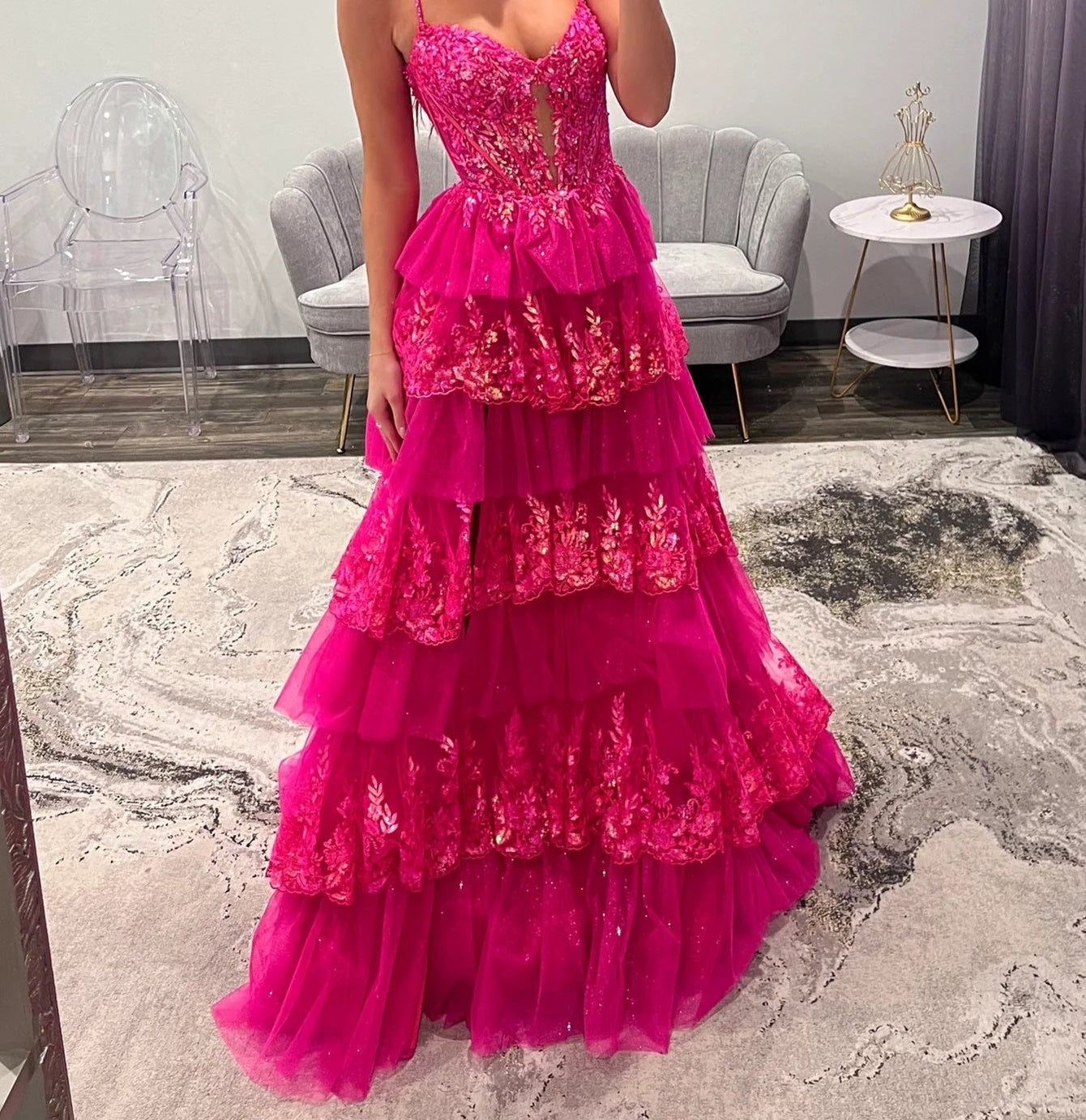 Sparkly Lace Embroidery Cut Front Ball Gown Prom Dress - Hot Pink