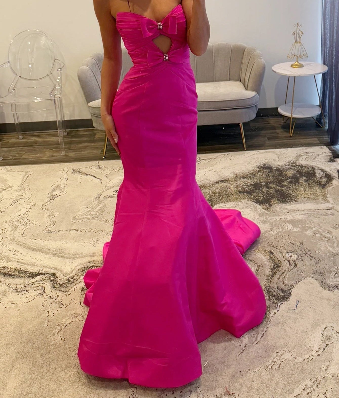 Strapless Cut Front Bows Mermaid Prom Dress - Hot Pink