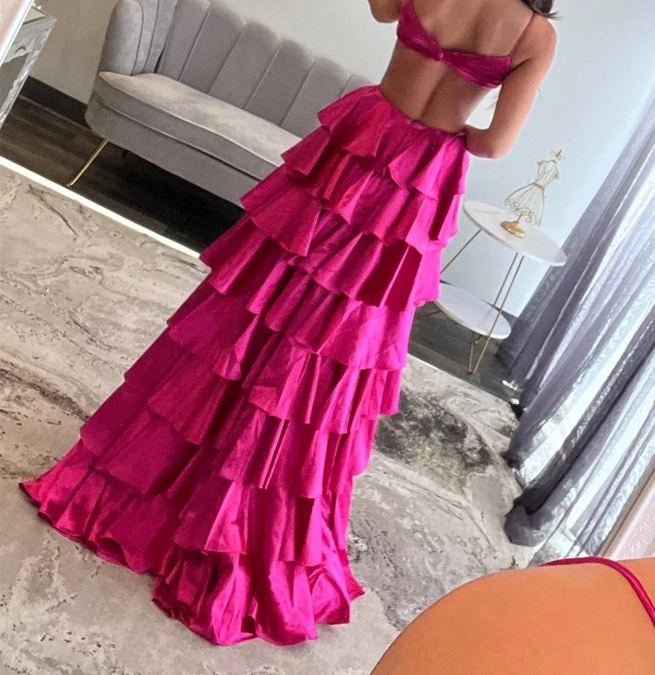 Cut Side Cross Pleated Ruffle Ball Gown Prom Dress - Fuchsia