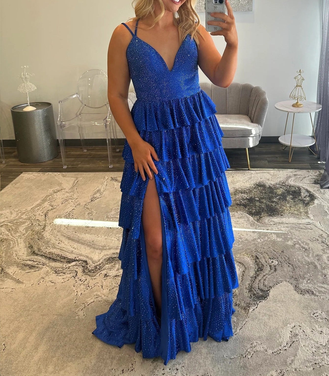 Luxury Crystal Layered Ball Gown Prom Dress - Royal Blue