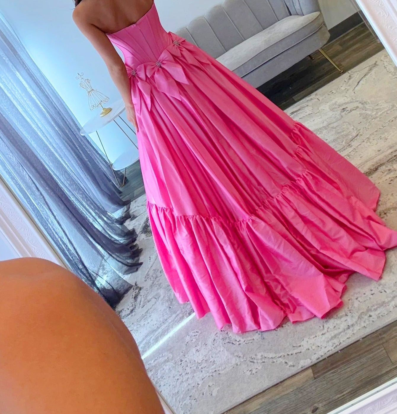Crystal Boned Ball Gown Prom Dress With Bows - Hot Pink