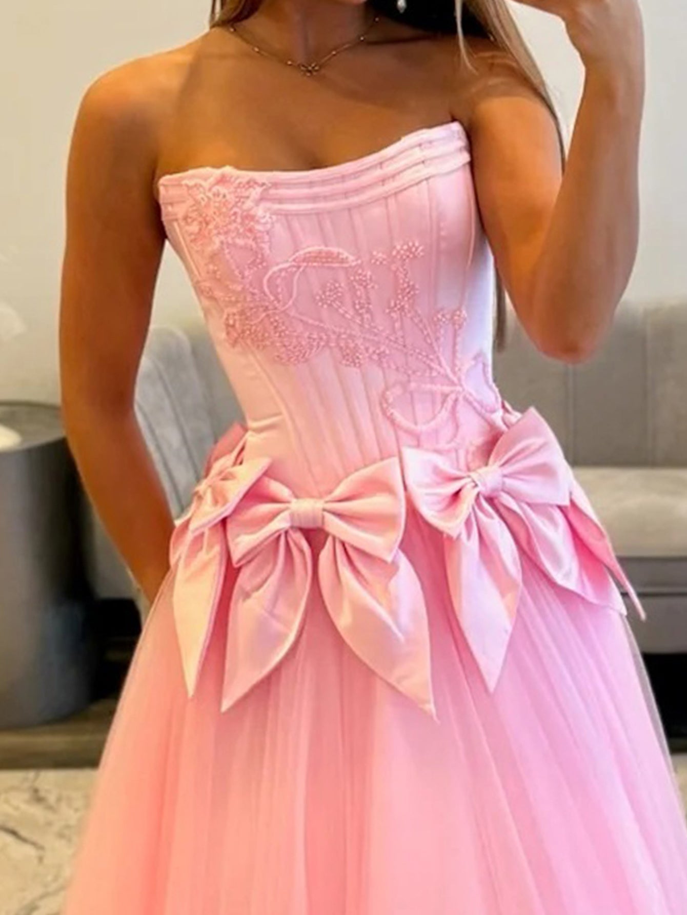 Strapless Bows Boned Ball Gown Prom Dress - Pink