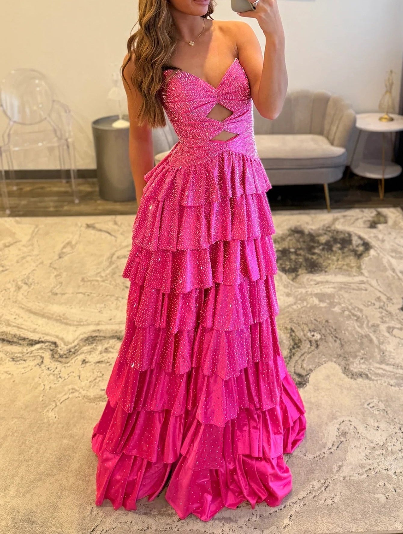 Cut Front Luxury Crystal Ruffle Ball Gown Prom Dress - Hot Pink