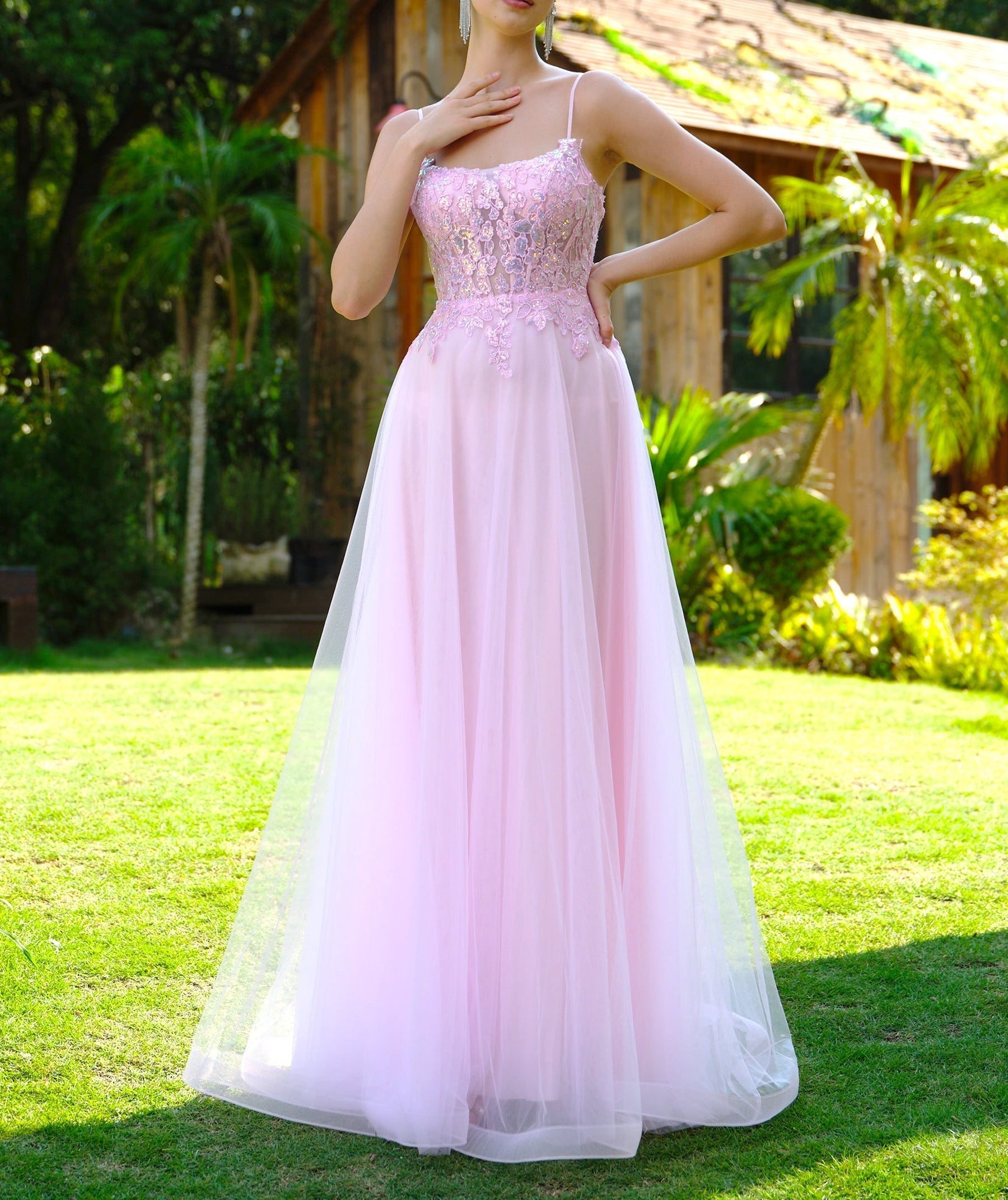 Square Lace Embroidery Ball Gown Prom Dress - Pink