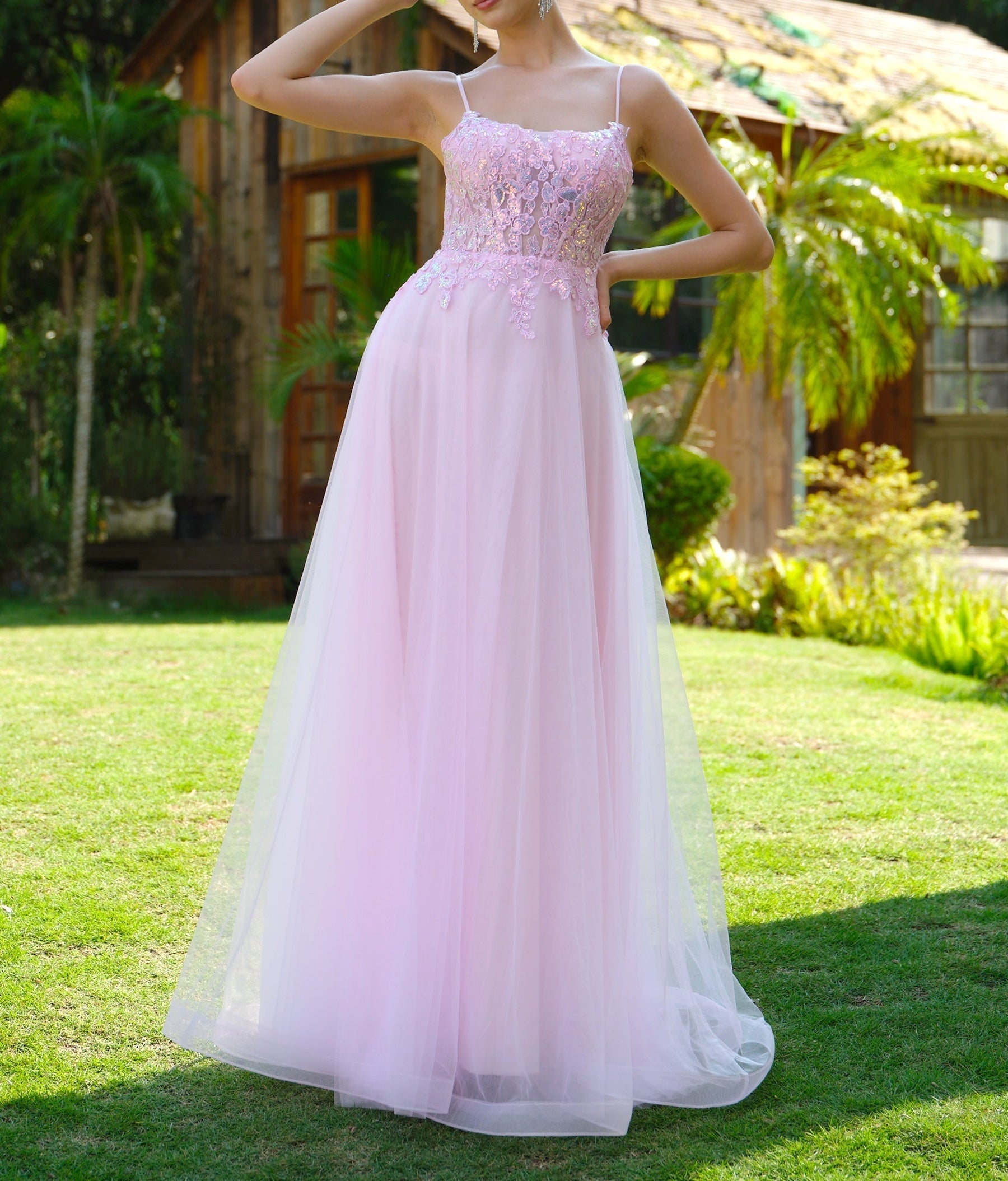 Square Lace Embroidery Ball Gown Prom Dress - Pink