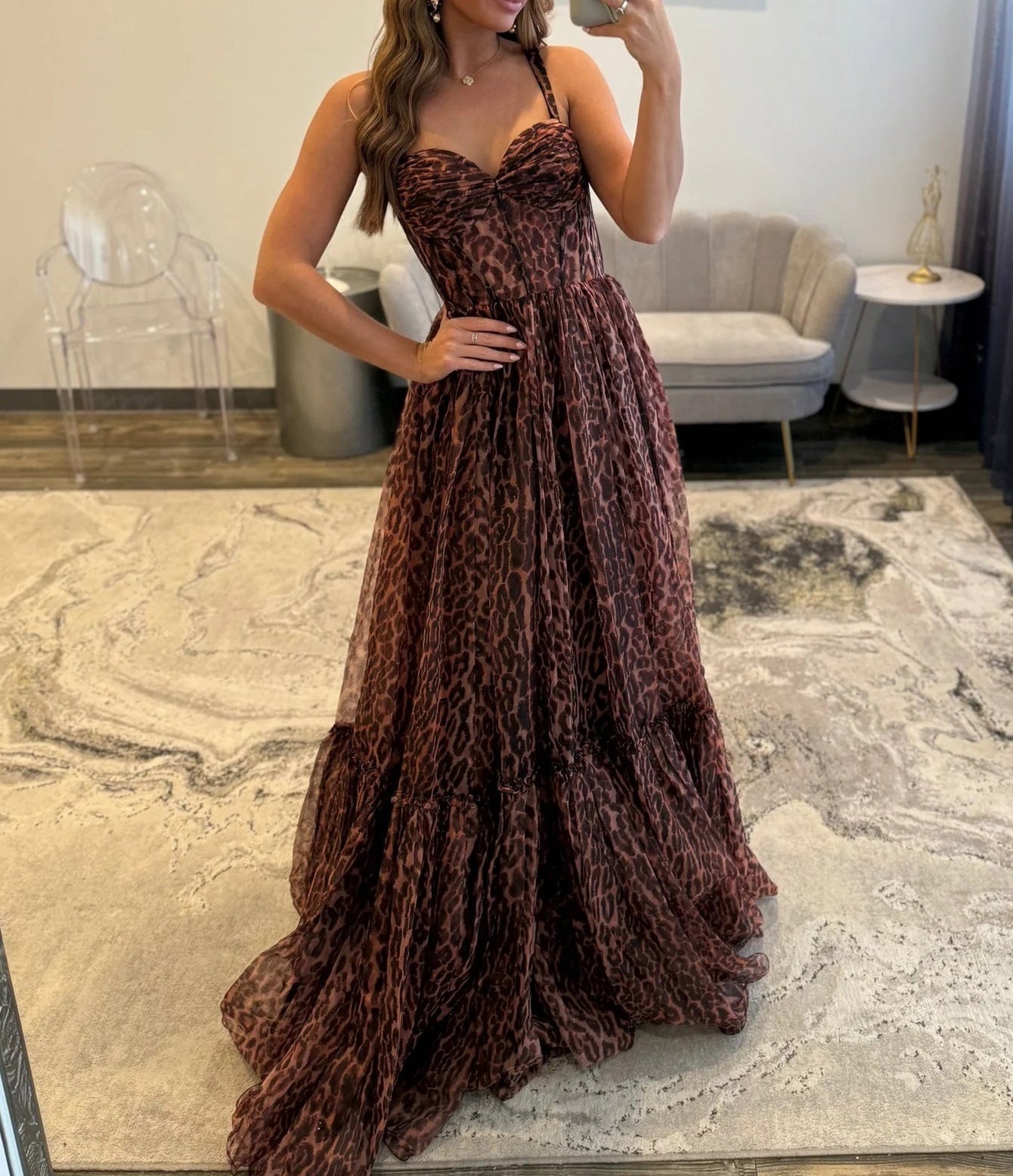 Sweetheart Bodice Printing Ball Gown Long Prom Dress - Leopard Print