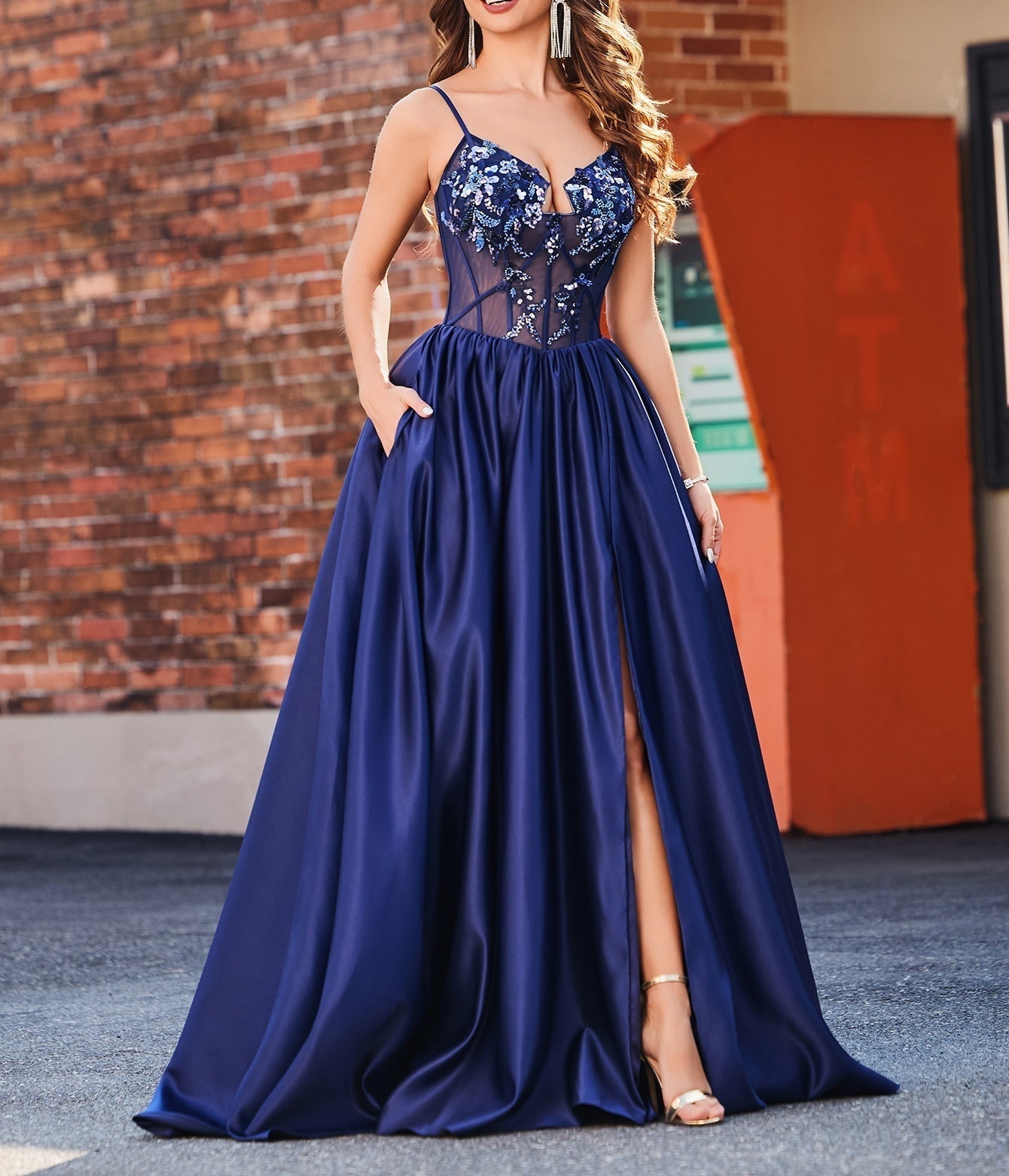 Illusion Bodice Beaded Spaghetti Strap A-Line Slit Prom Dress - Navy Blue