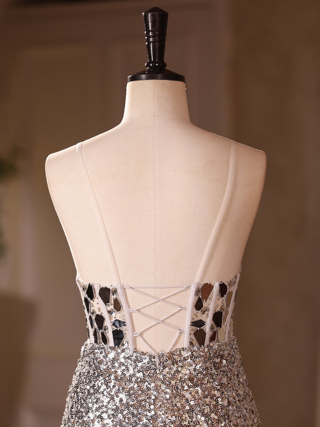 Luxury Crystal Sheer Bodice Evening Prom Dress With Cross Back - Silver