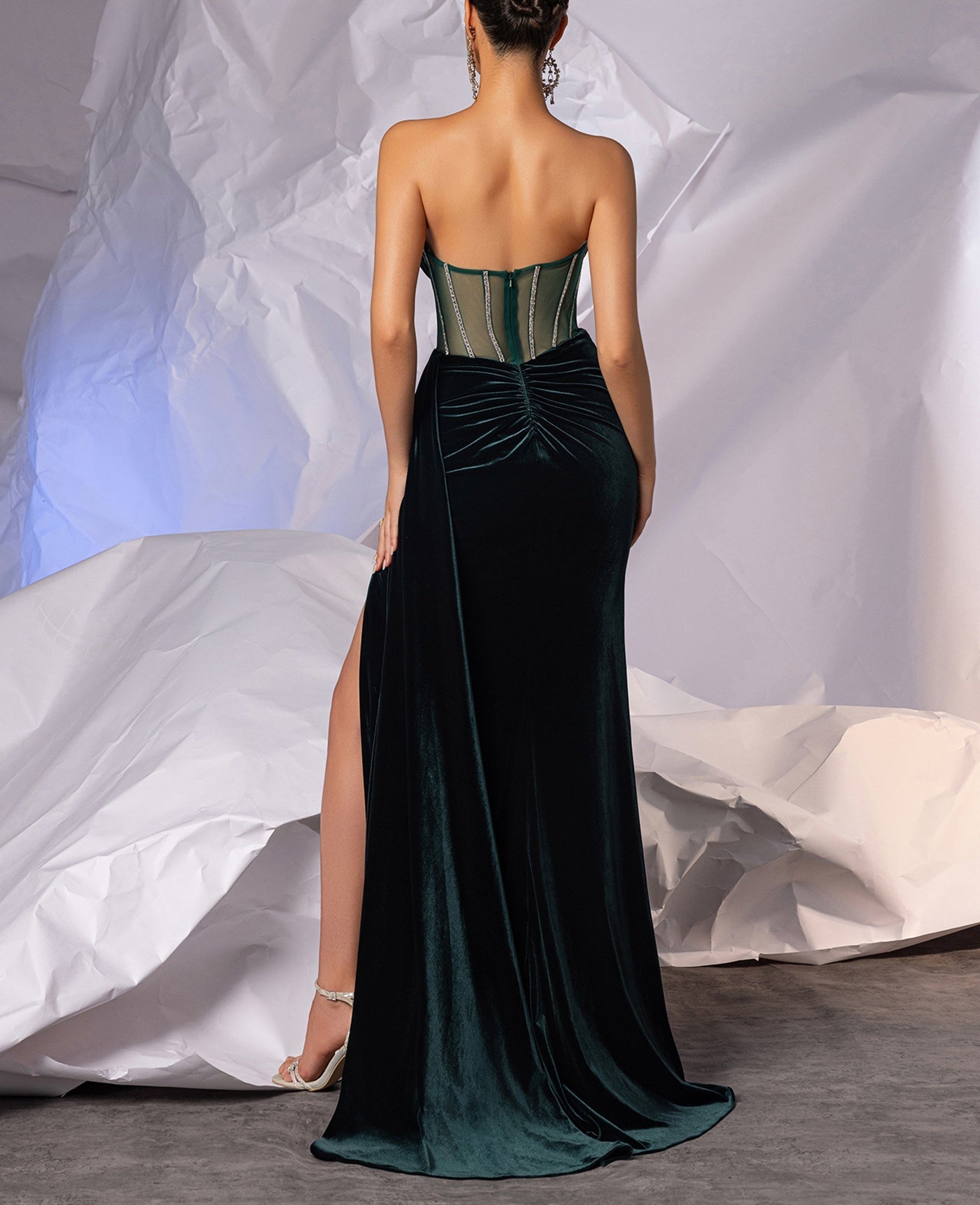 Sheer Bead Bodice Satin Strapless Mermaid Evening Dress With Split - Dark Green