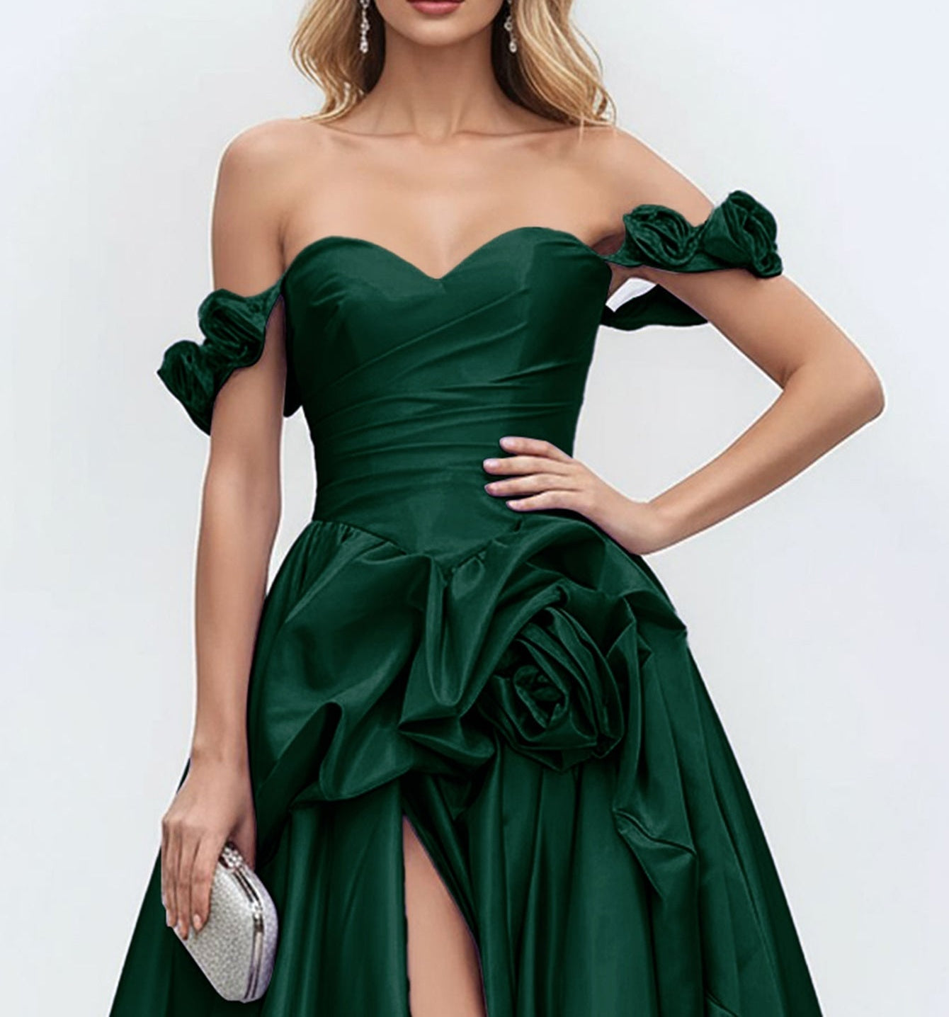 Off Shoulder 3D Rose Pick Up Satin Ball Gown Evening Dress - Emerald Green