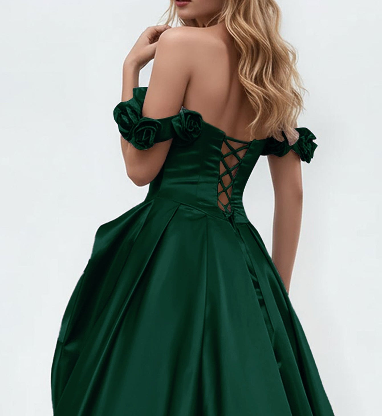 Off Shoulder 3D Rose Pick Up Satin Ball Gown Evening Dress - Emerald Green