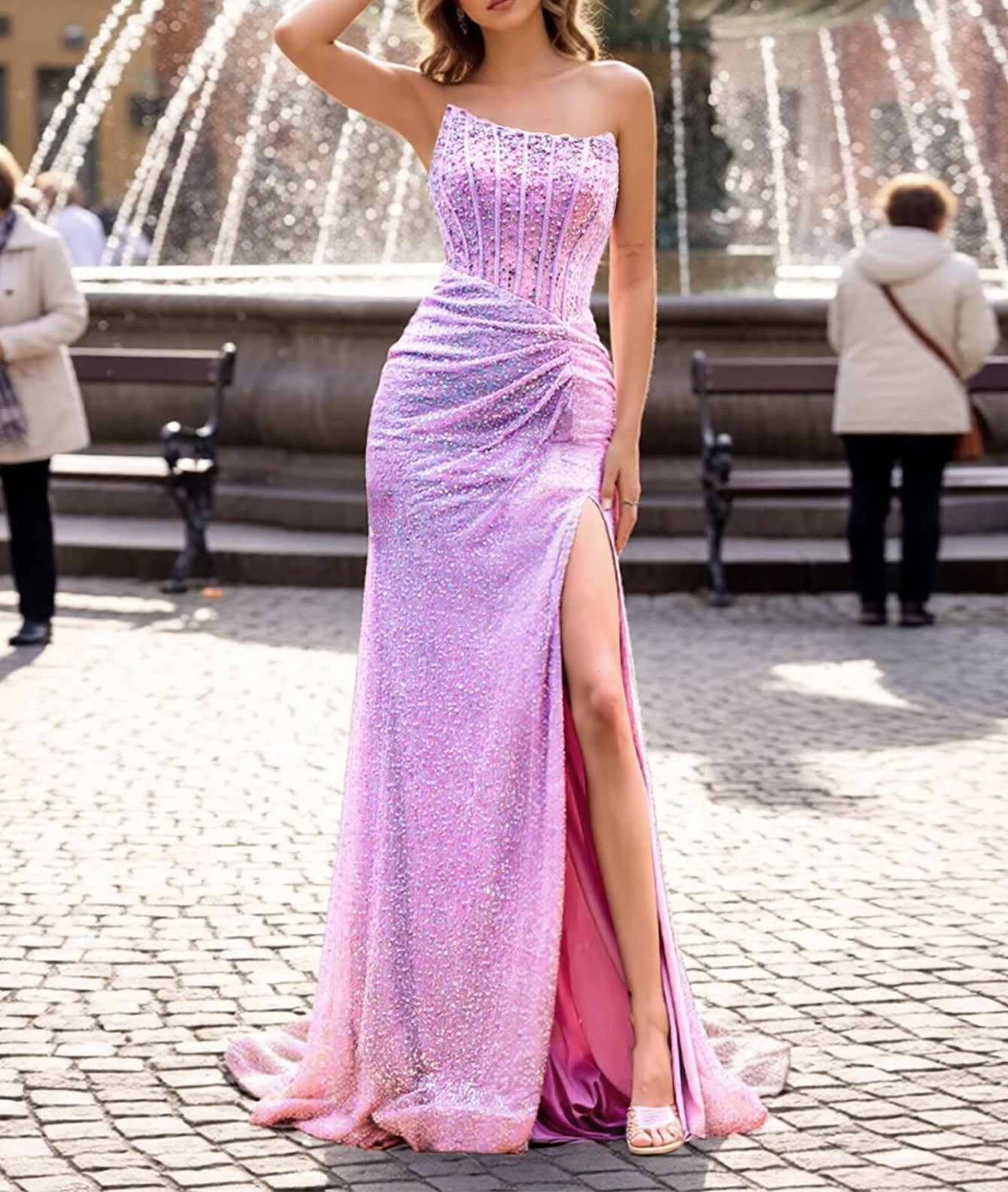 Asymmetric Bodice Sparkly Strapless Hand Beading Mermaid Evening Dress - Pink