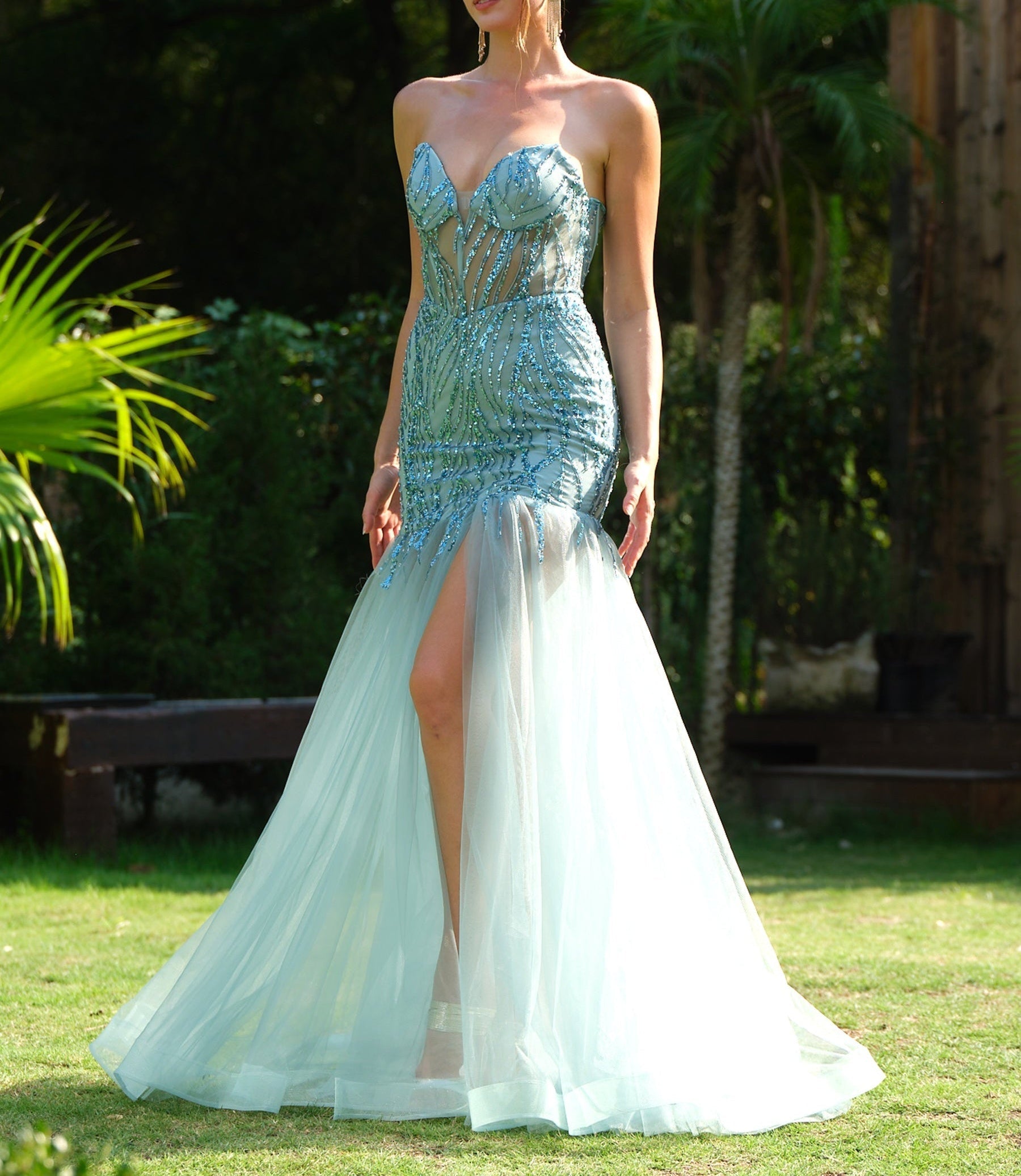 Sparkly Sequin Evening Dress with Lace Up Back - Blue