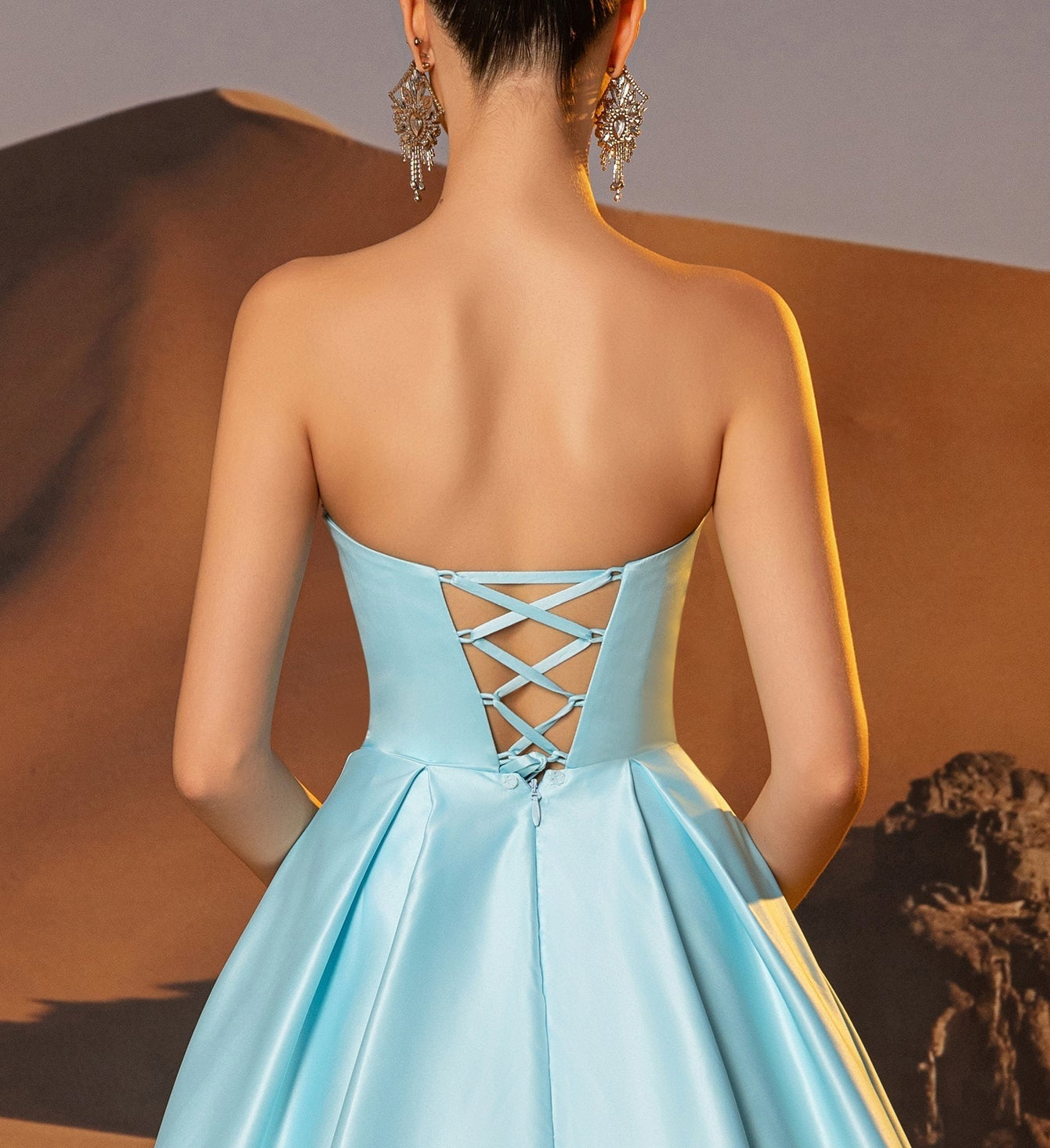 Asymmetrical Removable Bow Drop Ball Gown Prom Dress With Pocket - Light Blue