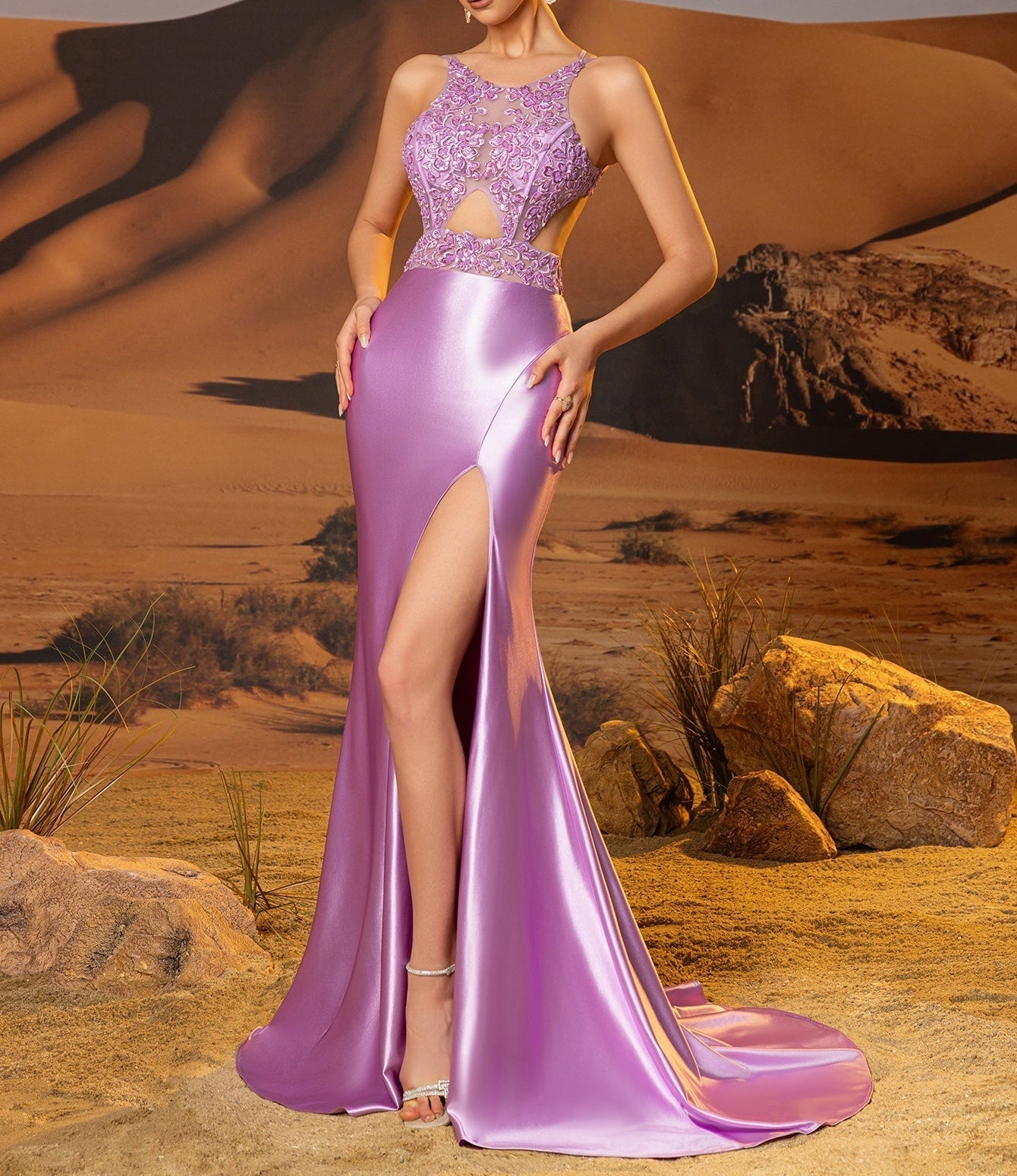 Cut Front Lace Embroidery Mermaid Prom Dress With Slit - Lilac
