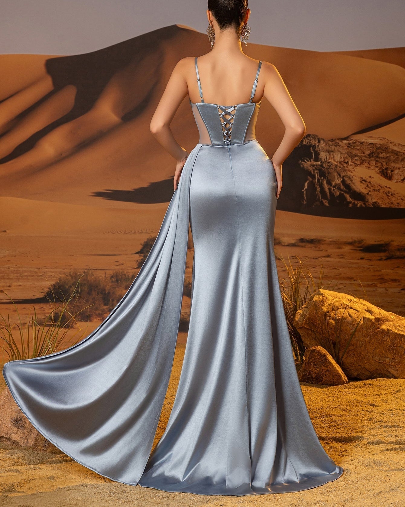Cut Front Boned Lace Embroidery Mermaid Prom Dress With Waist Drop - Dusty Blue