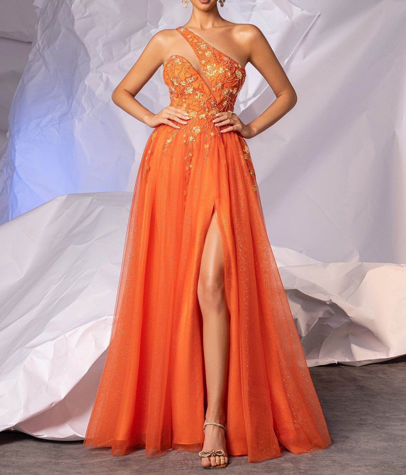 Asymmetrical Sparkly Lace Prom Dress Long - Orange