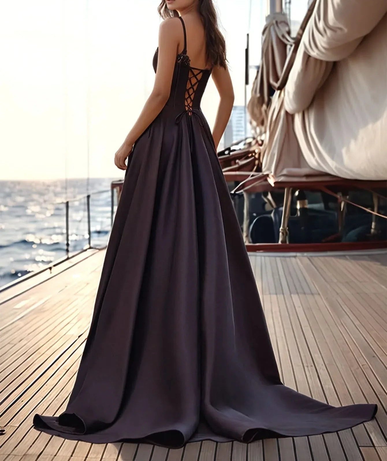 Bodice Spaghetti Strap Satin A-Line Prom Dress With Slit - Black