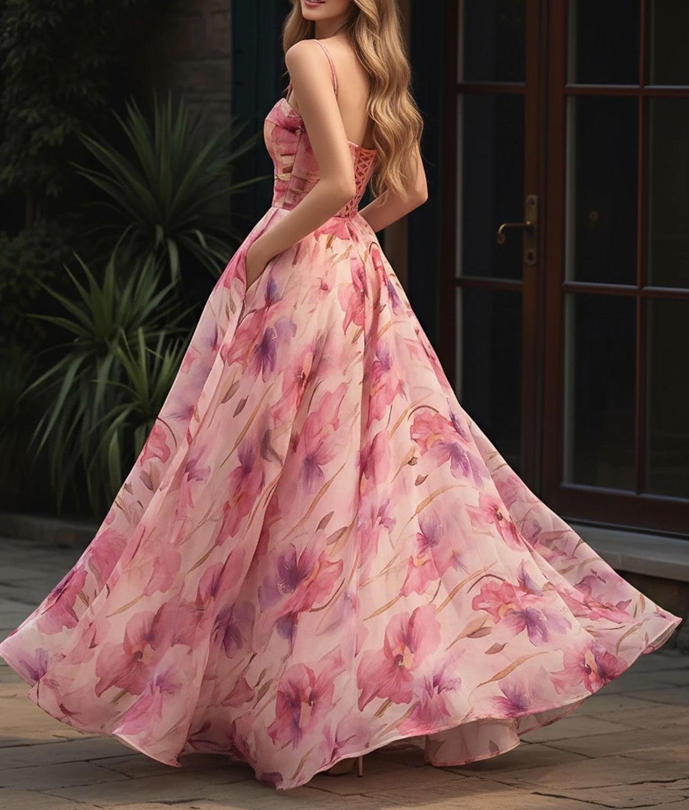 Printing Spaghetti Strap Ball Gown Prom Dress With Pocket - Pink