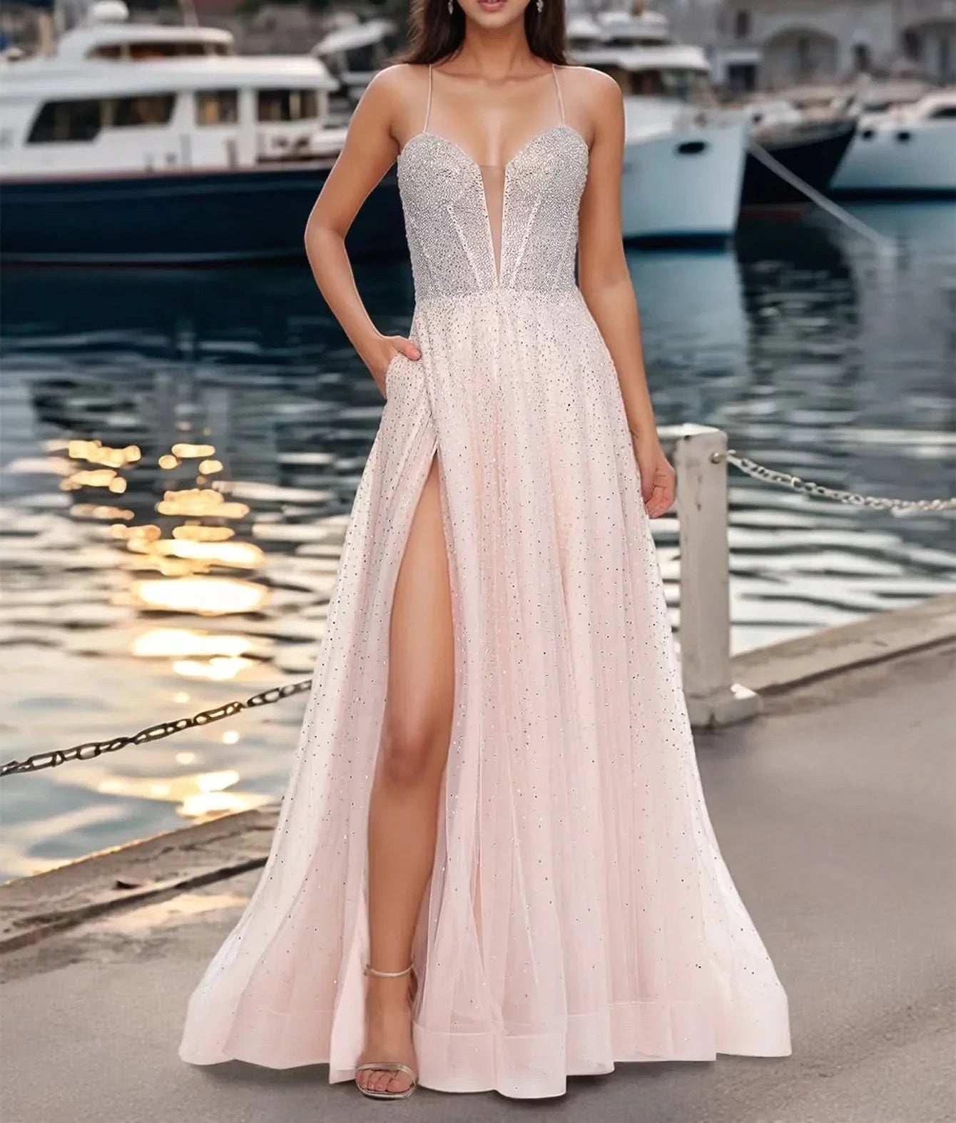 Hot Fix Deep V Neck Sparkly Lace A-Line Prom Dress - Blush Pink
