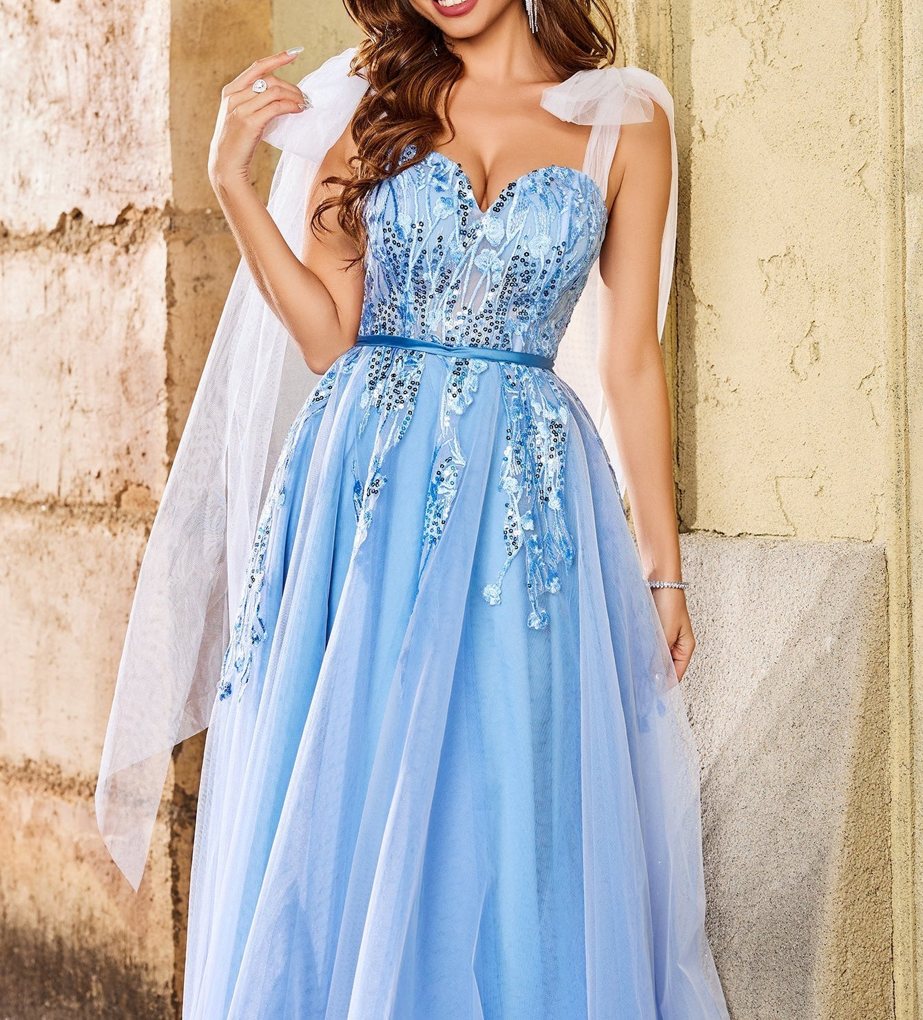 Lace Bow 3D Embroidery Floral Prom Gown - Sky Blue