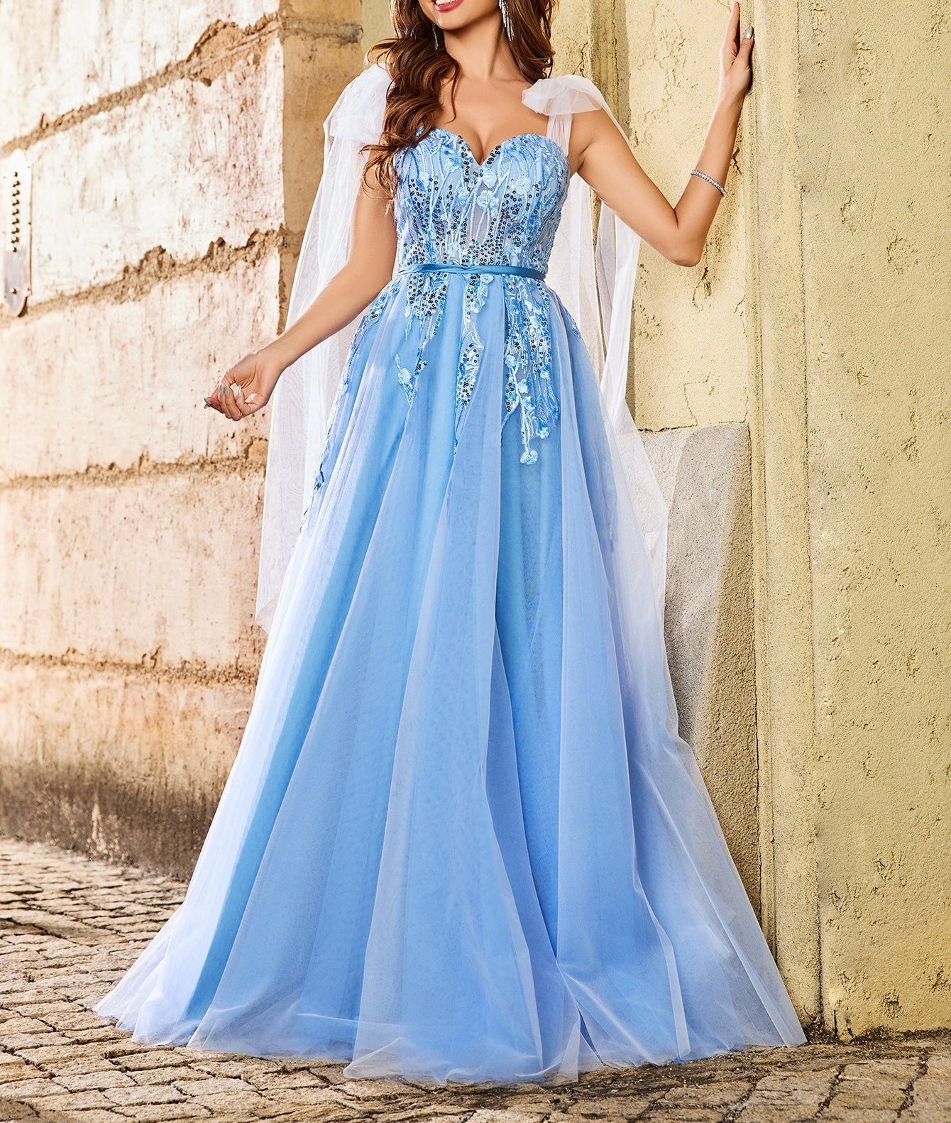 Lace Bow 3D Embroidery Floral Prom Gown - Sky Blue