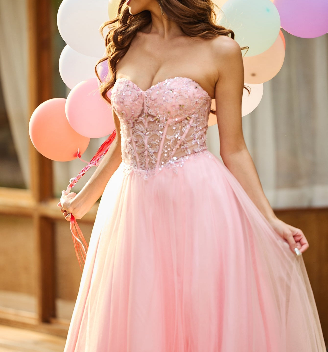 Luxury Sparkly Beads Strapless Lace Ball Gown Prom Dress - Light Pink