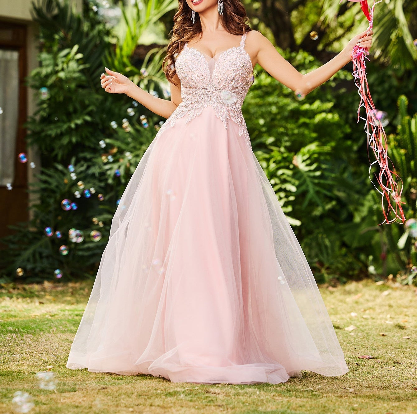 Pretty Hot Fix Sparkly Crystal Embroidery Ball Gown Prom Dress - Pink