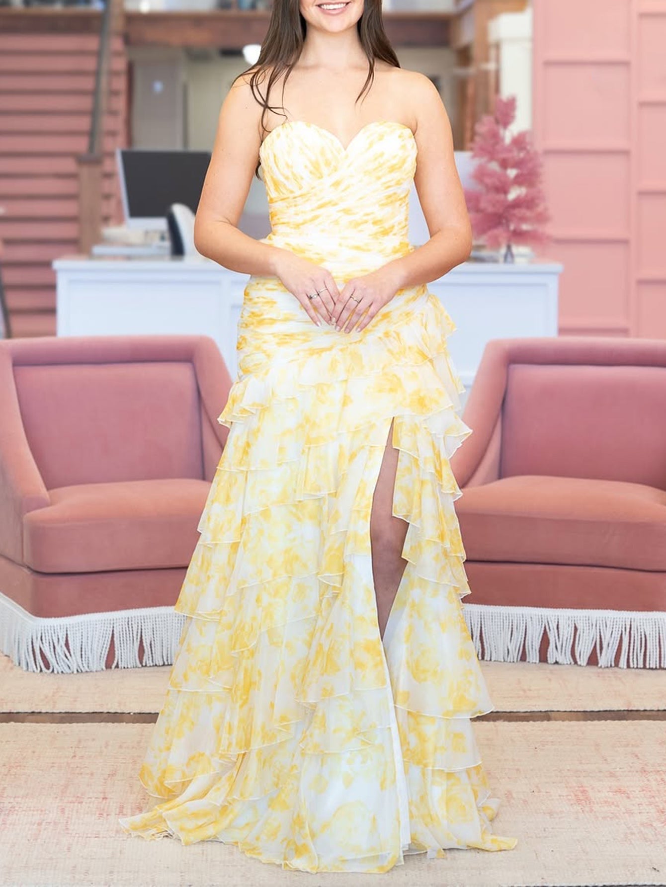 Pleated Layered Sheath Chiffon Long Prom Dress - Yellow