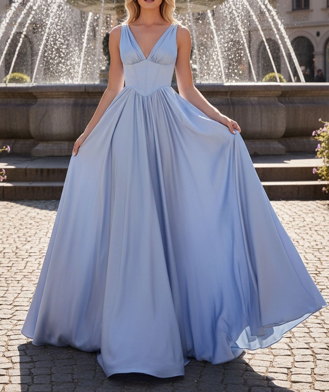 Tank Top Boned V Neck Ball Gown Prom Dress - Sky Blue
