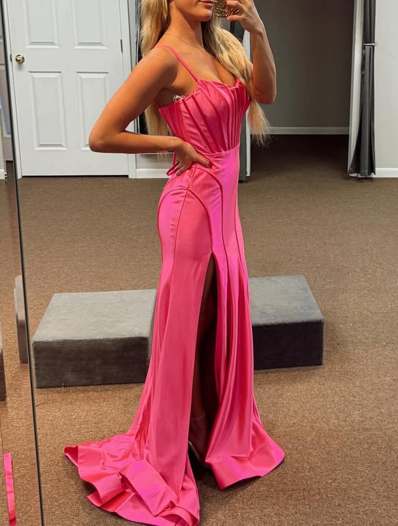 Scoop Boned Mermaid Prom Dress With Split - Hot Pink