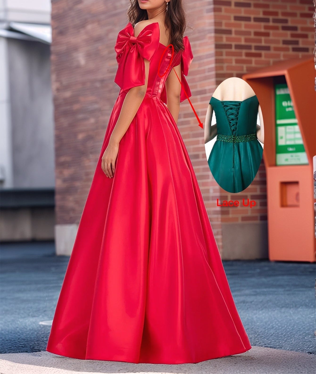 Boned Ball Gown Prom Dress With Bow - Red