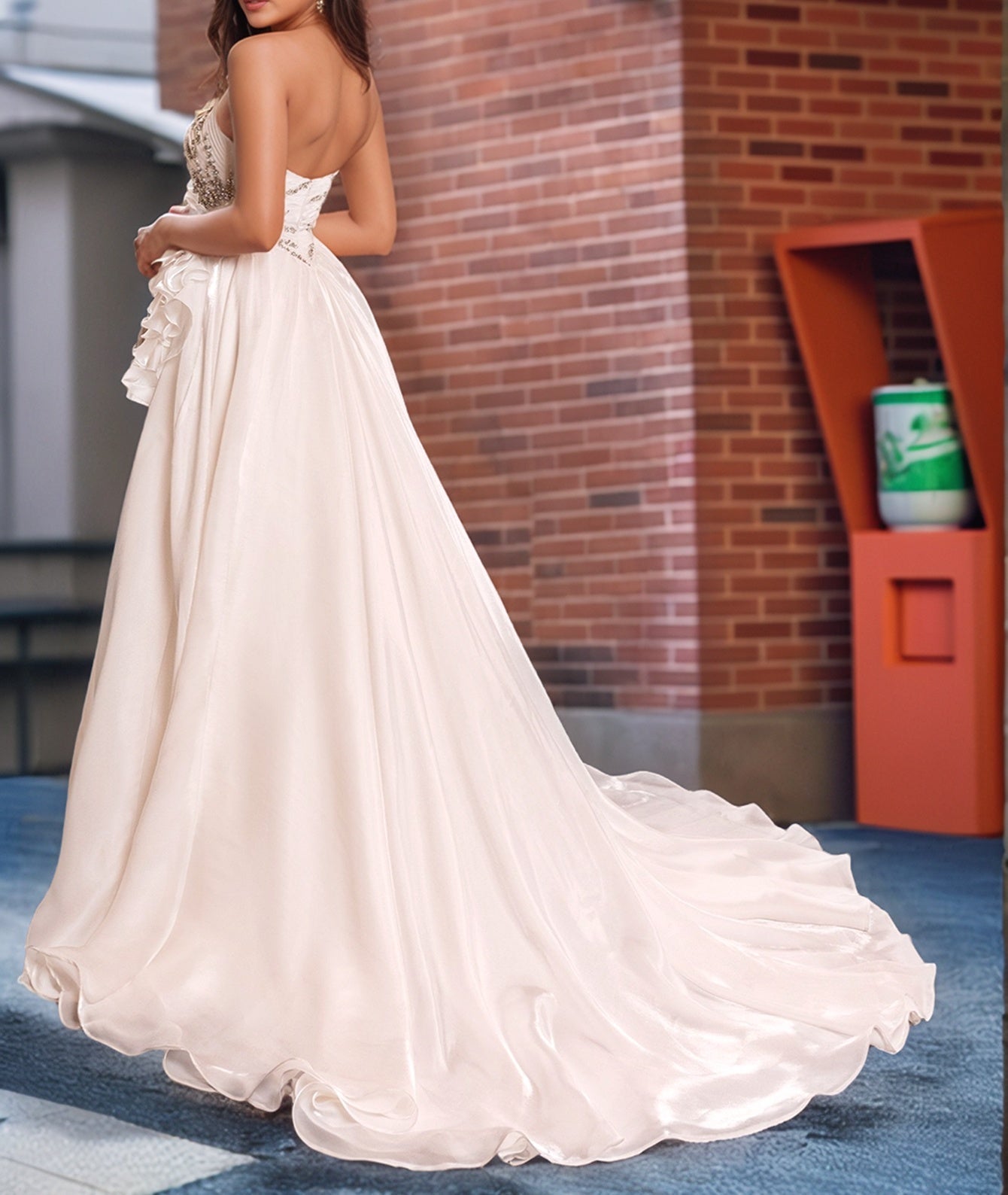Beaded Ruffle Ball Gown Prom Dress With Split - Champagne