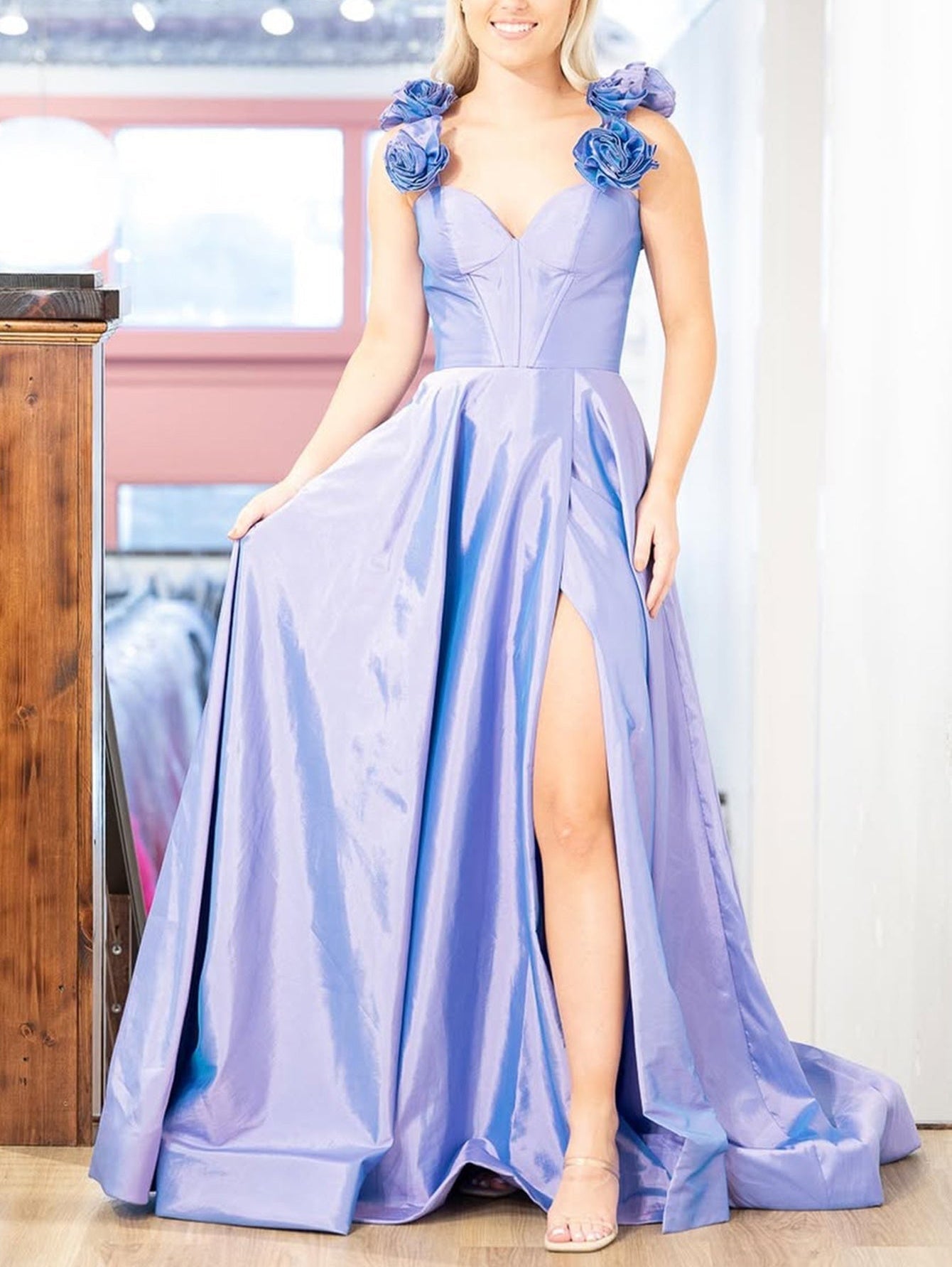 Hand Made Flowers Boned Prom Dress With Pocke - Lilac