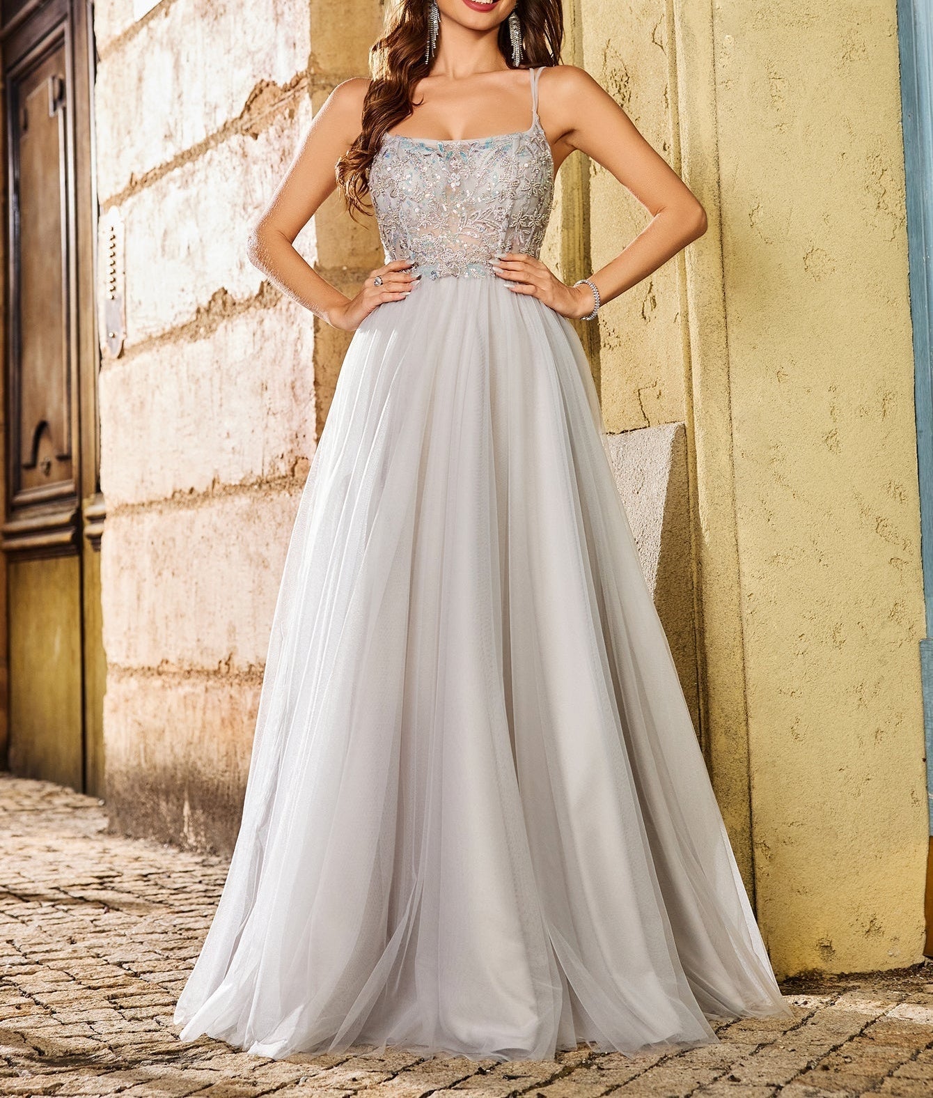 Hand Beading Square Ball Gown Prom Dress - Light Grey