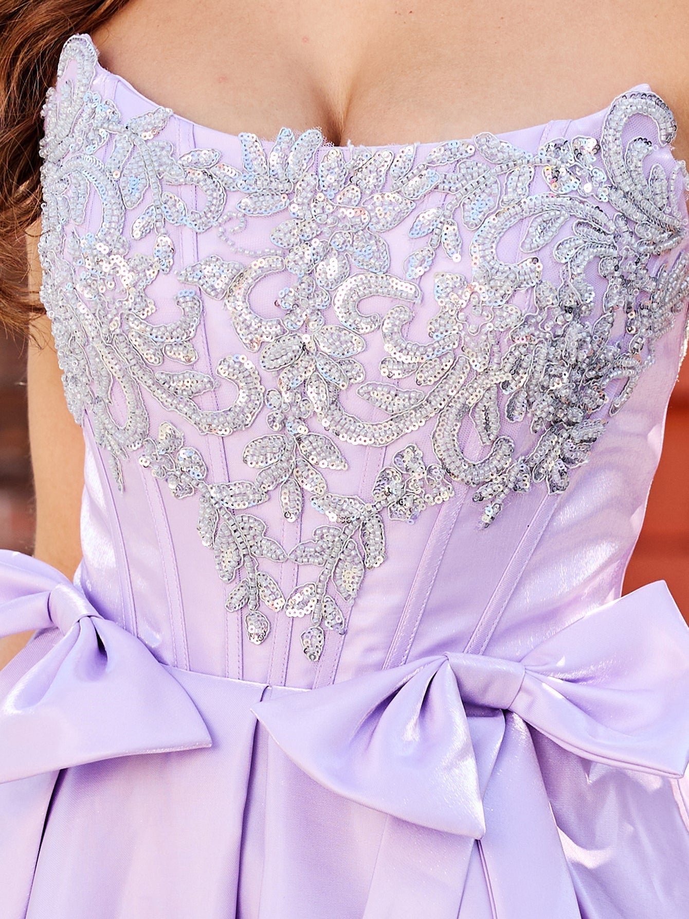 Beaded Crystal Boned Prom Dress With Bow - Lilac