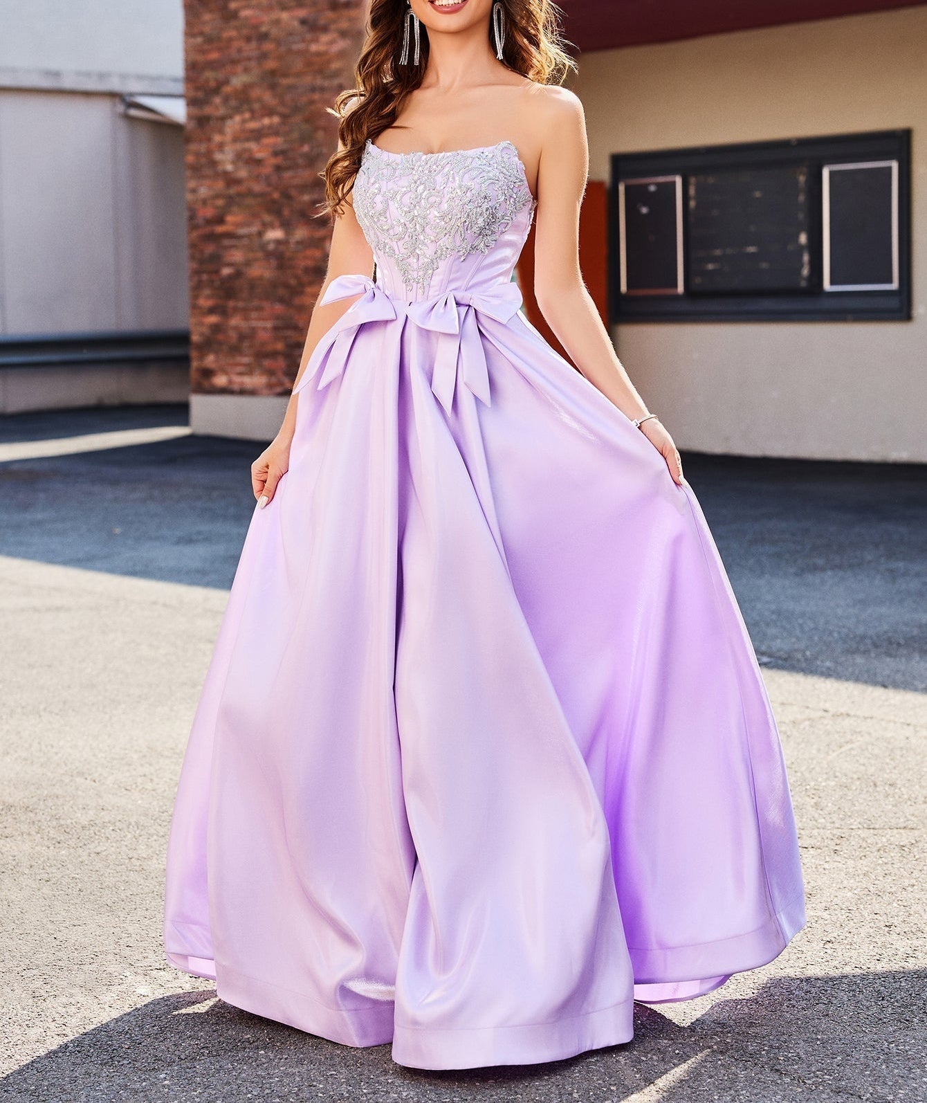 Beaded Crystal Boned Prom Dress With Bow - Lilac