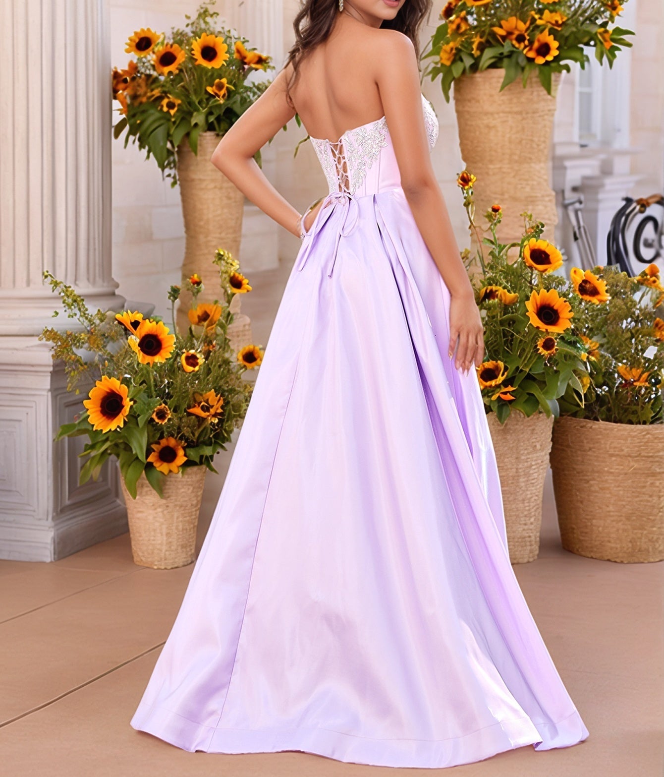 Beaded Crystal Boned Prom Dress With Bow - Lilac
