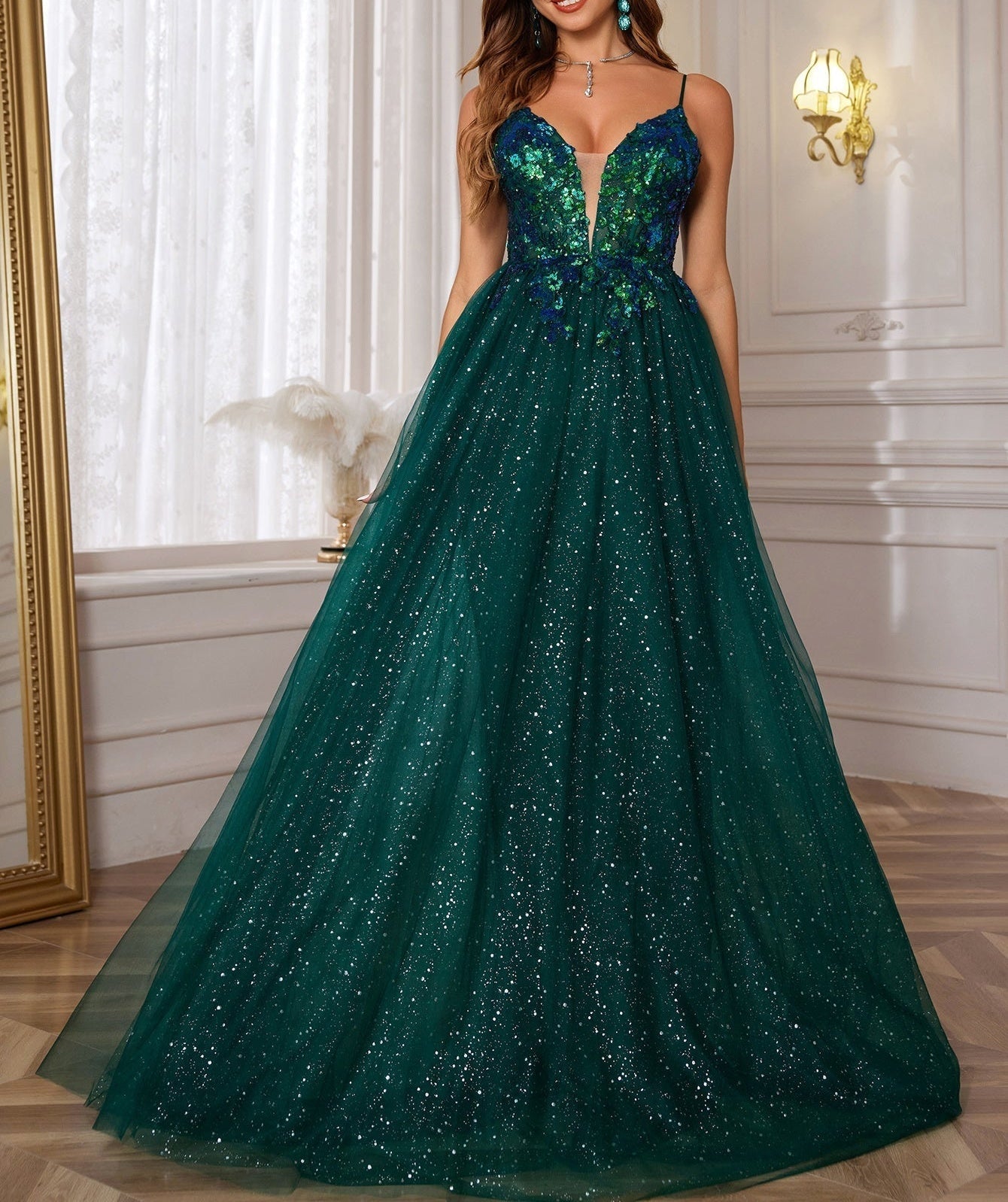 Sparkly Lace Deep V Neck Long Prom Dress - Dark Green