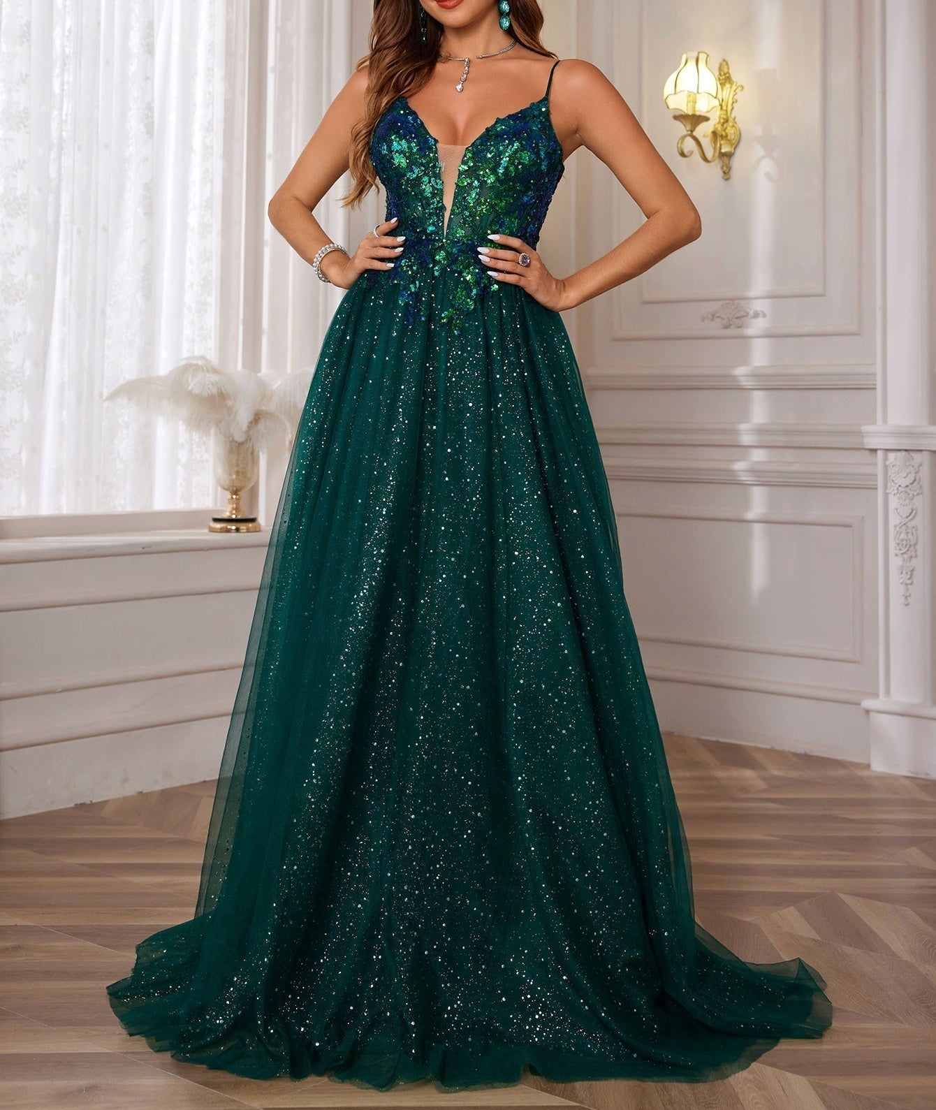 Sparkly Lace Deep V Neck Long Prom Dress - Dark Green