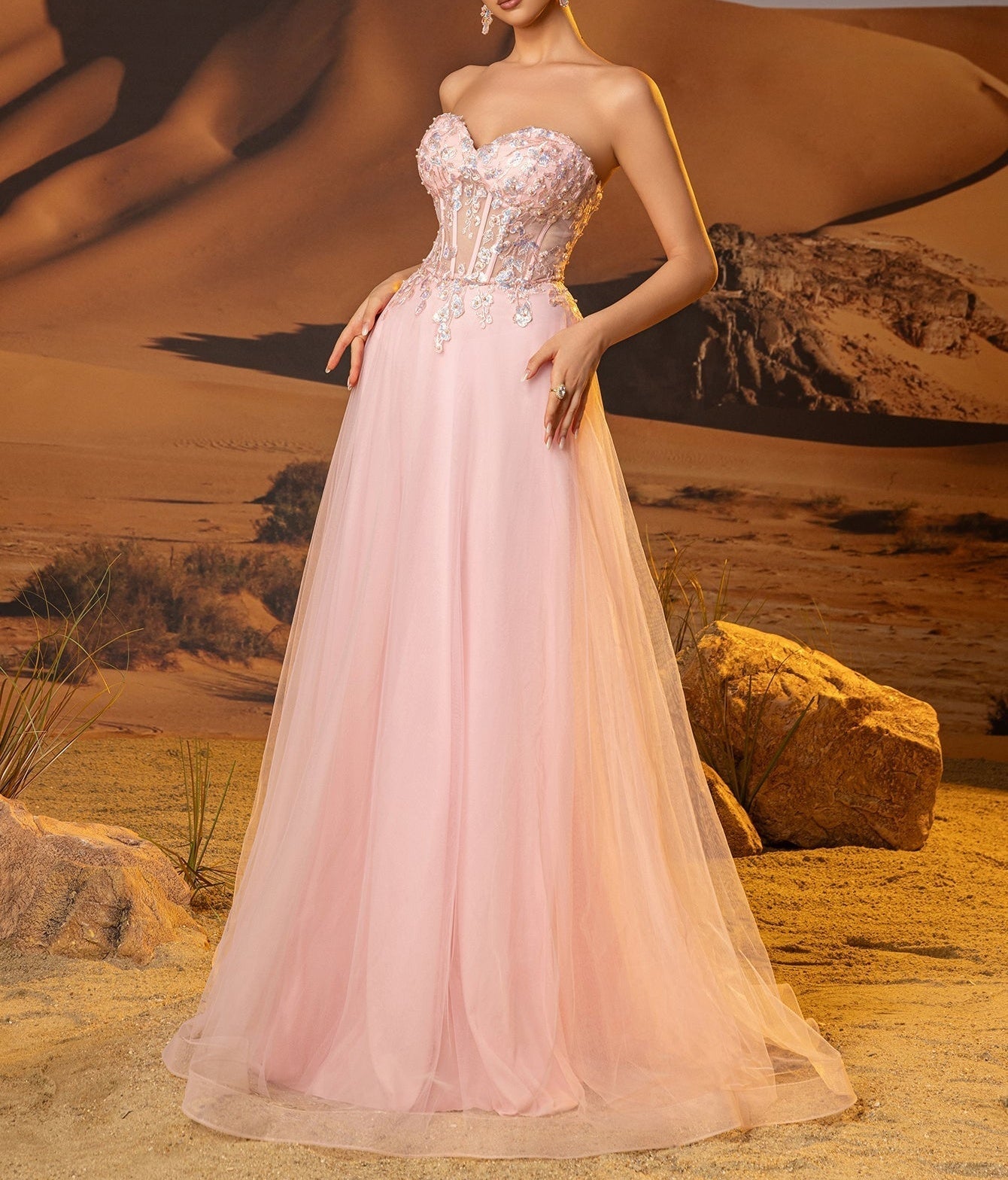 Sheer Bodice Lace Embroidery Long Prom Dress - Pink